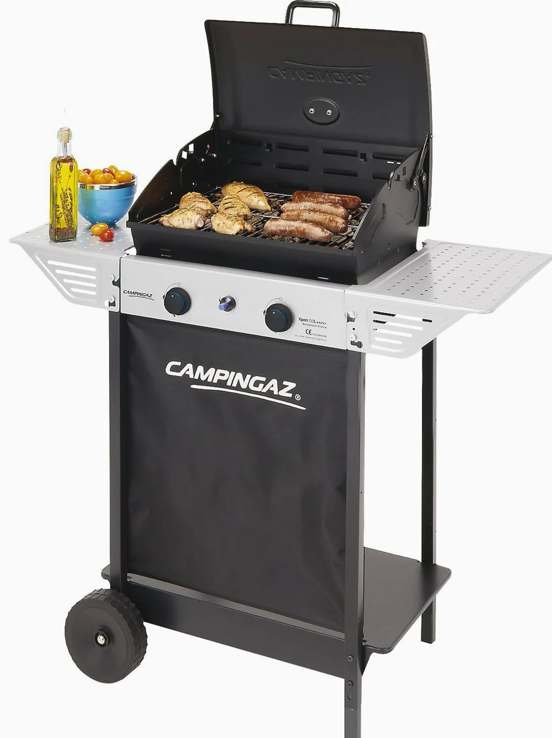 Campingaz Barbecue à Gaz Xpert 100 L Plus Rocky, Barbecue Compact 2 Brûleurs, Puissance 7.1kW, Grille en Acier, 2 Tablettes Latérales et Chariot en Acier
