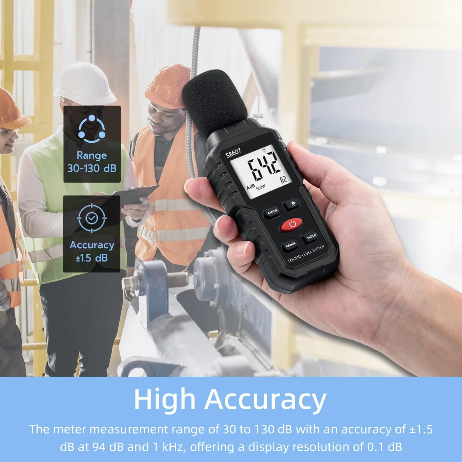Sonomètre Numérique 30-130 dB avec Écran LCD pour Bureau, Chantier
