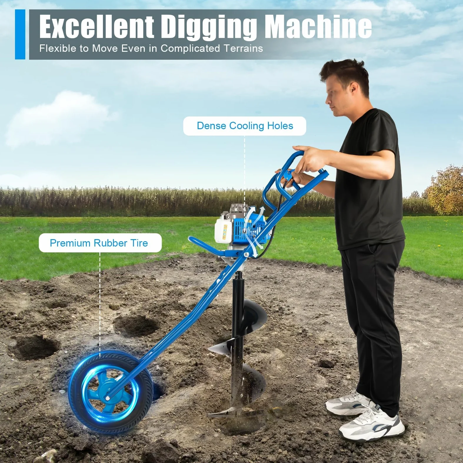 Tarière Thermique 63cc 2 Temps, 2,2kW Tarière à Essence avec Roue, Forage 300mm, Tariere Thermique pour Perceuse de Terre, Outil Creuser Trou pour Agriculture Jardin