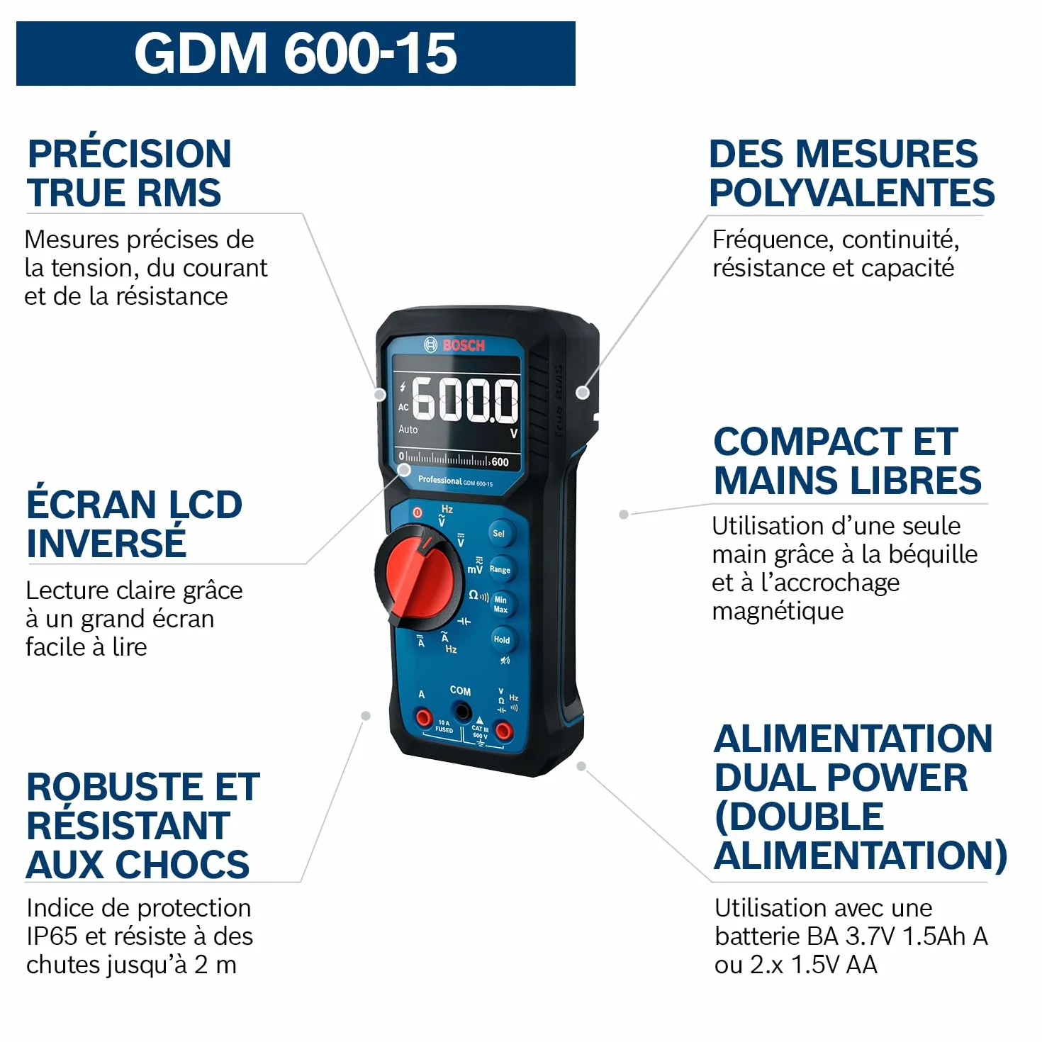 Bosch Professional Multimètre Numérique GDM 600-15 True RMS LCD Inversé Mesure Fréquence Continuité Résistance Capacité