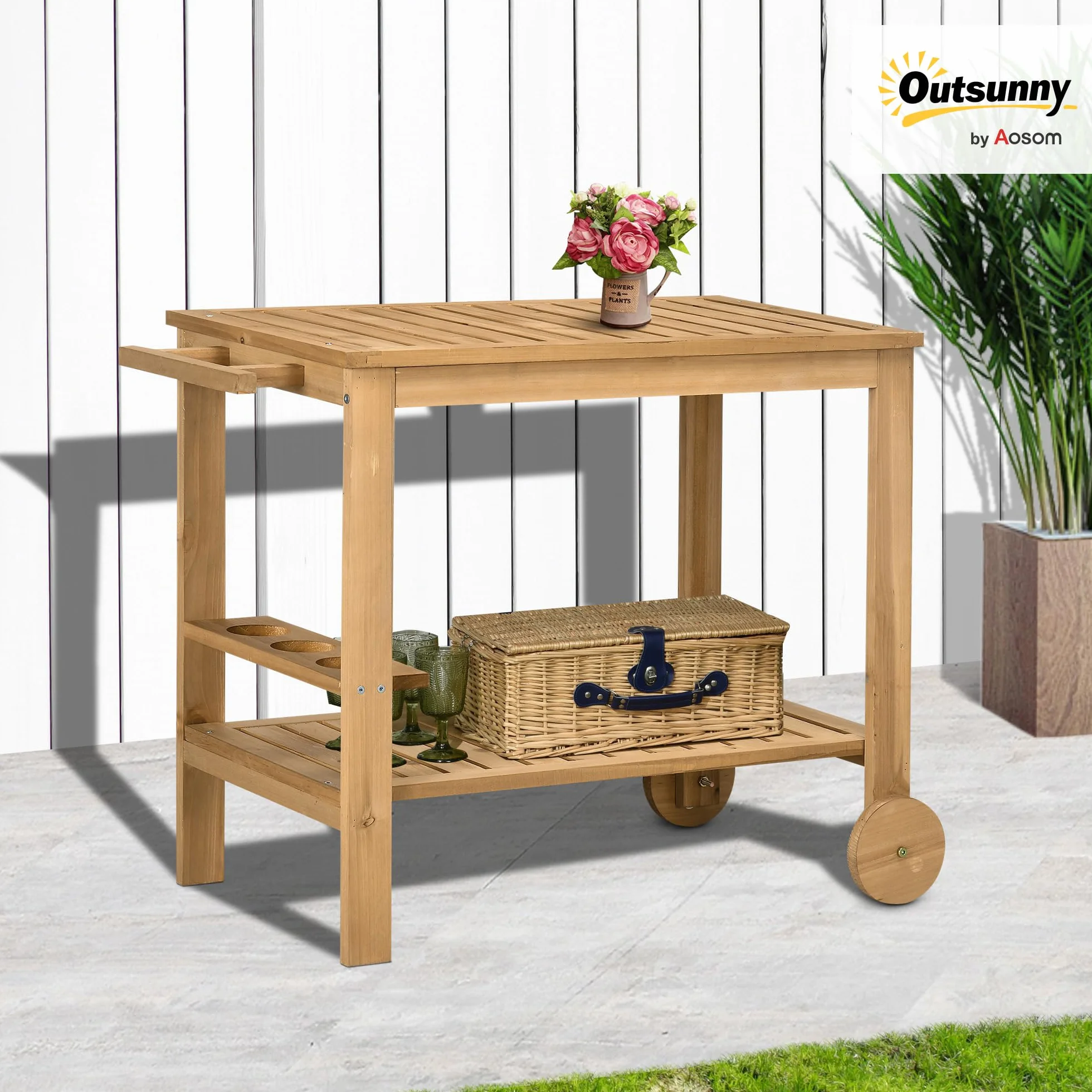 Outsunny Desserte de Jardin pour Plancha et Barbecue en Bois avec Chariot 95 x 47 x 74 cm