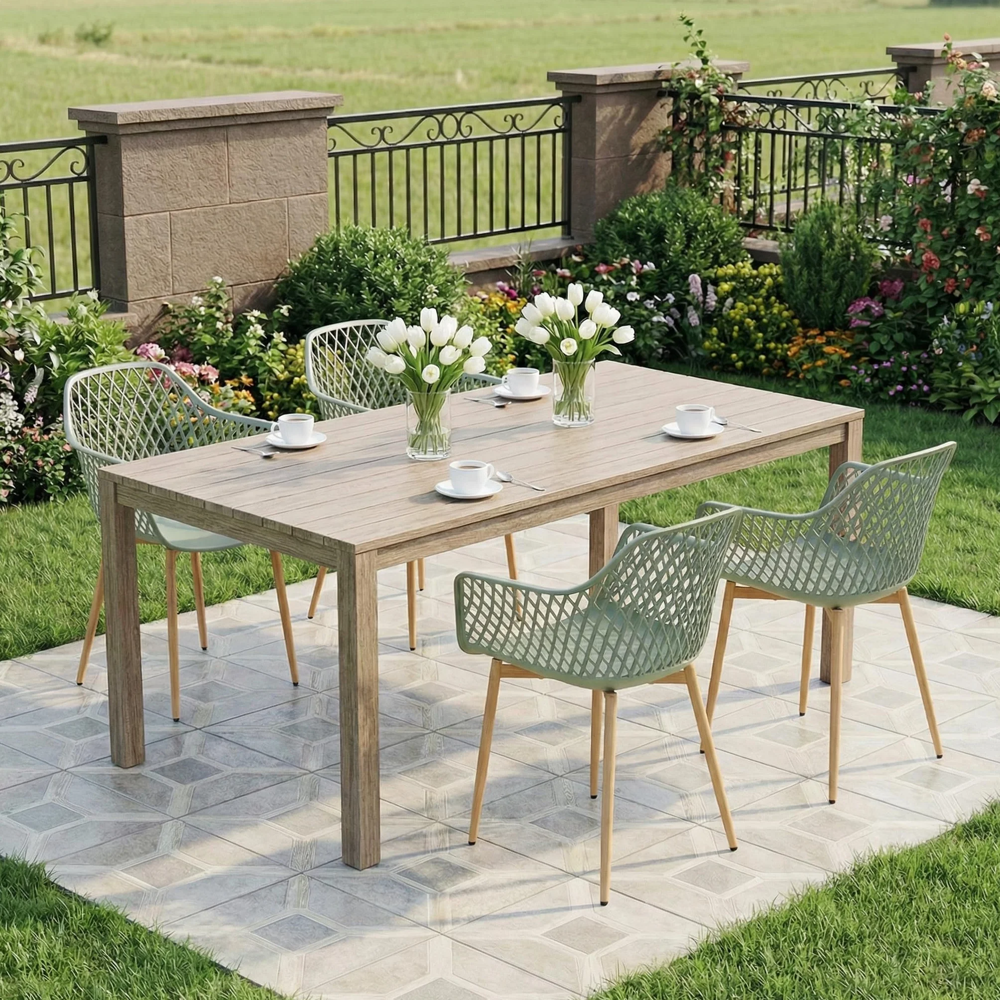 buybyroom Chaise de Jardin Exterieur Lot de 6, Chaise Plastique avec Accoudoir et Pied en Métal, Fauteuil Jardin Exterieur pour Terrasse,Balcon,Salle a Manger,Salon,Dossier à Design Ajouré,Grise-verte