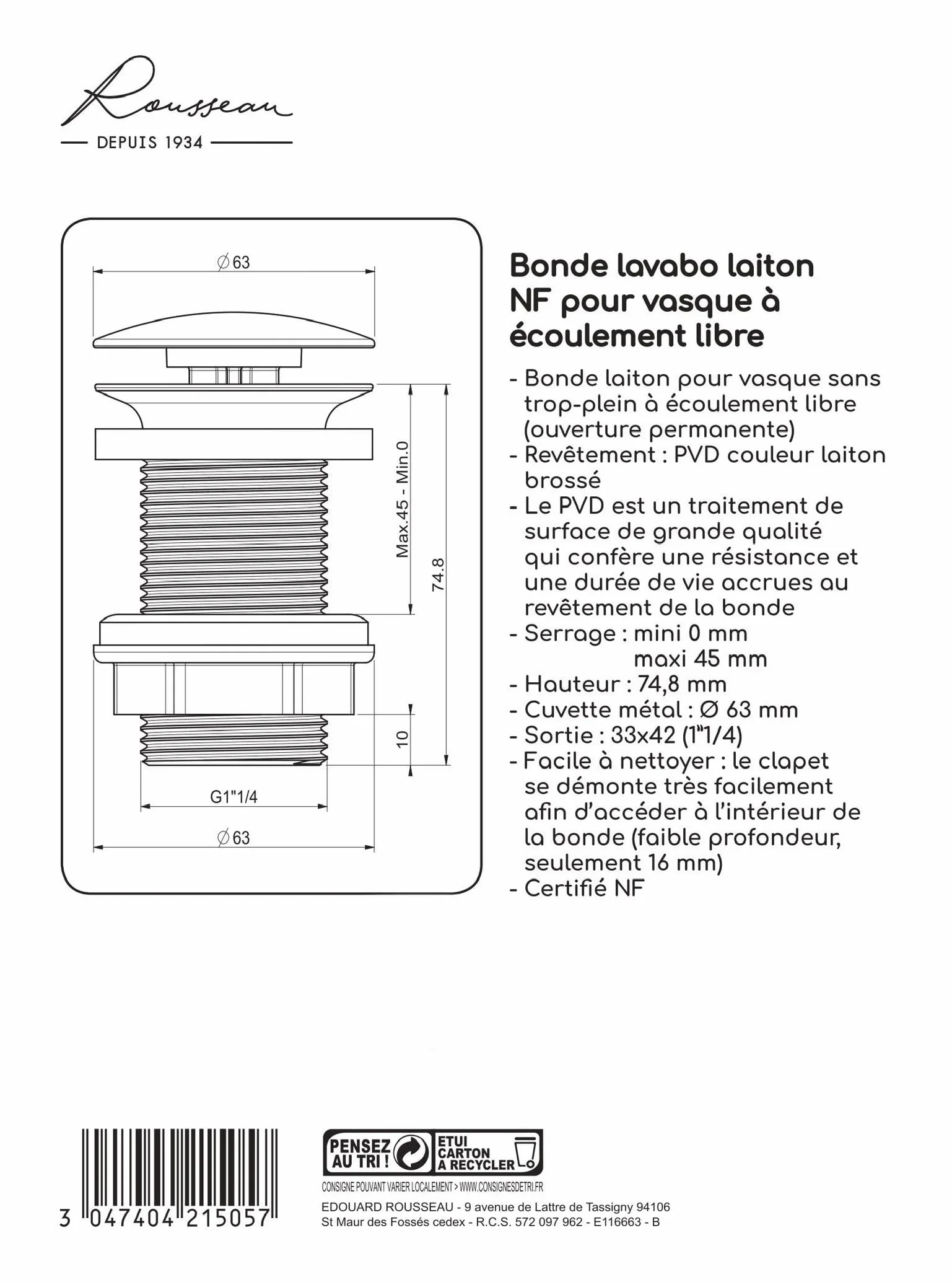 Bonde de Lavabo à Écoulement Libre Sans Trop-Plein Laiton Brossé Certifiée NF