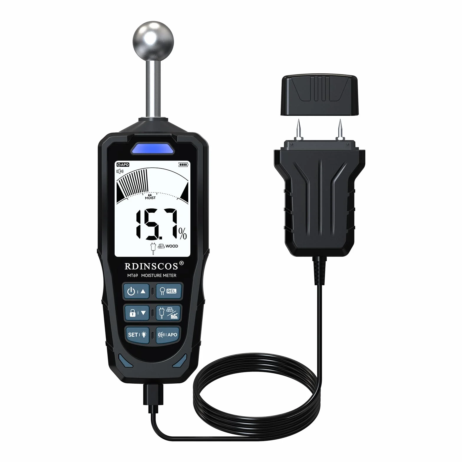 RDINSCOS Testeur Humidité 2 en 1 à Sondes Sphérique et à Aiguilles – Humidimètre pour Bois, Mur, Béton, Plâtre, Écran LCD, Détection 20-40 mm