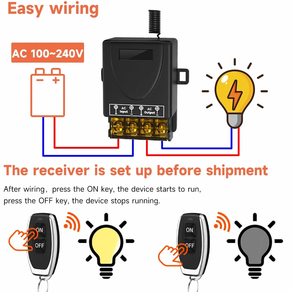 Interrupteur à télécommande sans fil 100m 30A AC 220V-240V pour pompe à eau éclairage extérieur