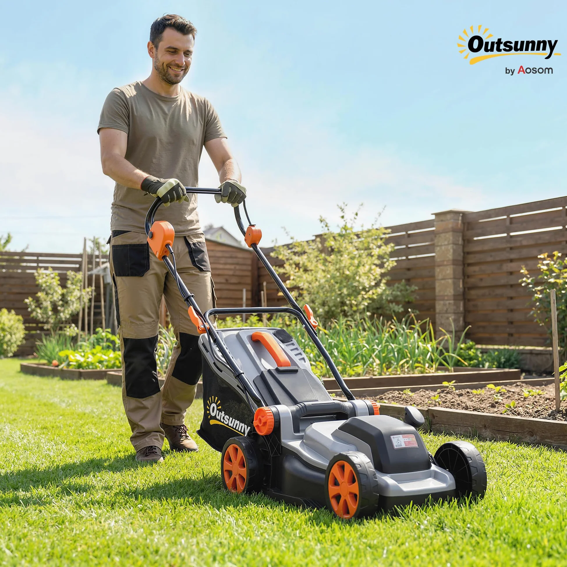 Outsunny Tondeuse à Gazon sans Fil 18V x2 - Moteur Brushless 700W, 2x4.0Ah Batteries pour 400m², Largeur 34cm, 6 Hauteurs 25-75mm, Mulching Silencieux, Gris Clair