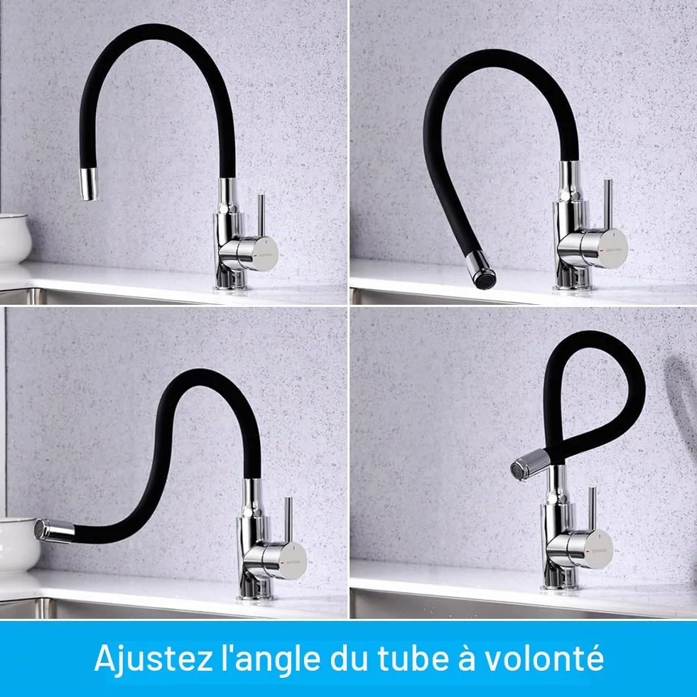 GRIFEMA Mitigeur Évier Bec Flexible Rotative 360° Chrome Noir G4002-2