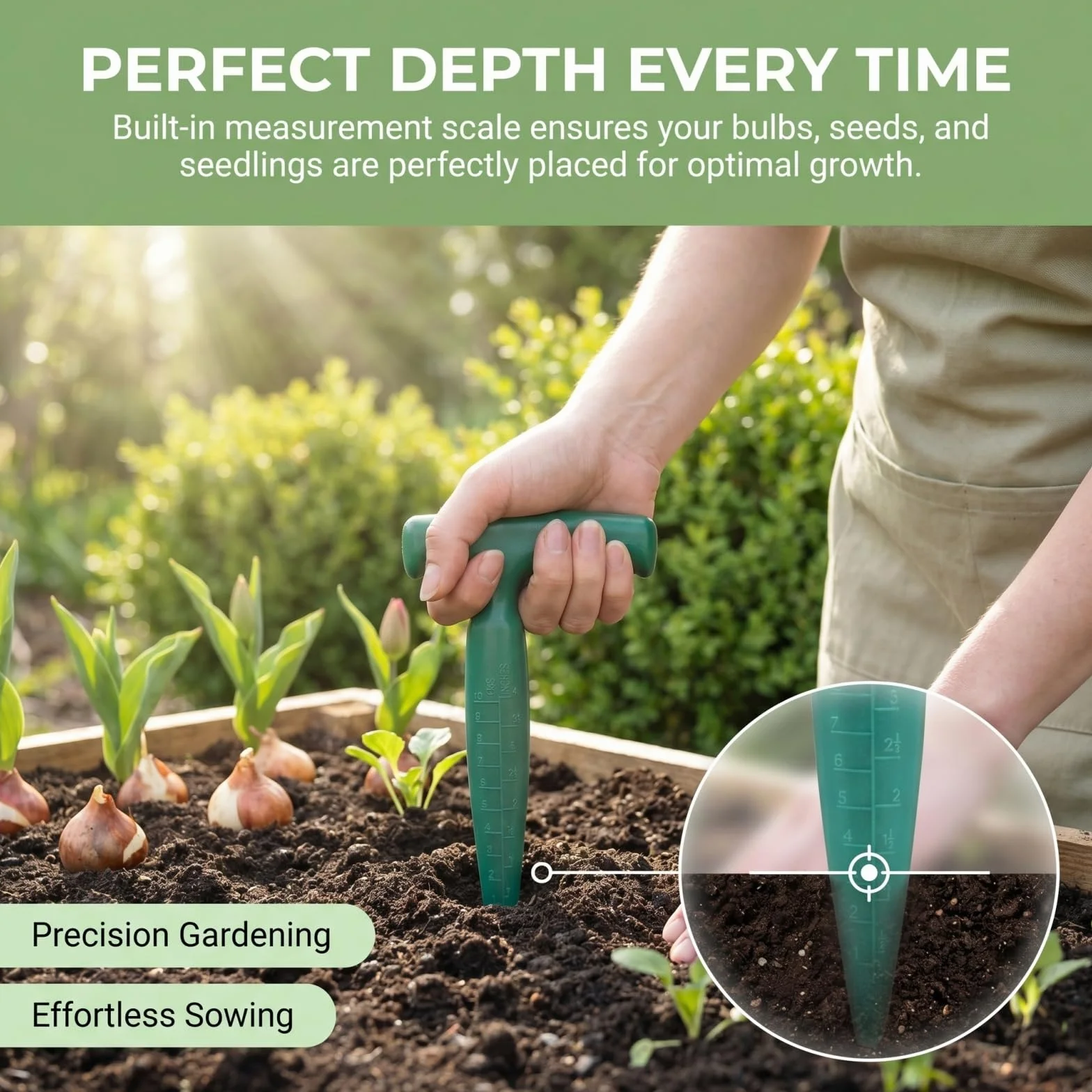 Plantoir à Bulbes avec Poignée en T Ergonomique, Plantoir Jardinage Manuel avec Mesure de Profondeur, Outil de Jardinage pour Bulbes, Semis, Fleurs & Légumes, Outil à Bulbes
