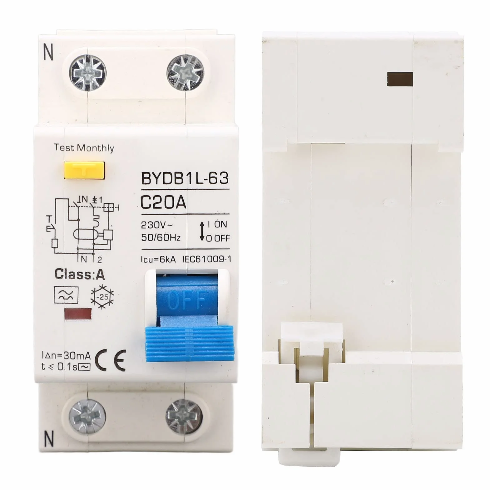 BYDB1L 63 Disjoncteur Différentiel 20A Type A 30mA Protection PA66 230V