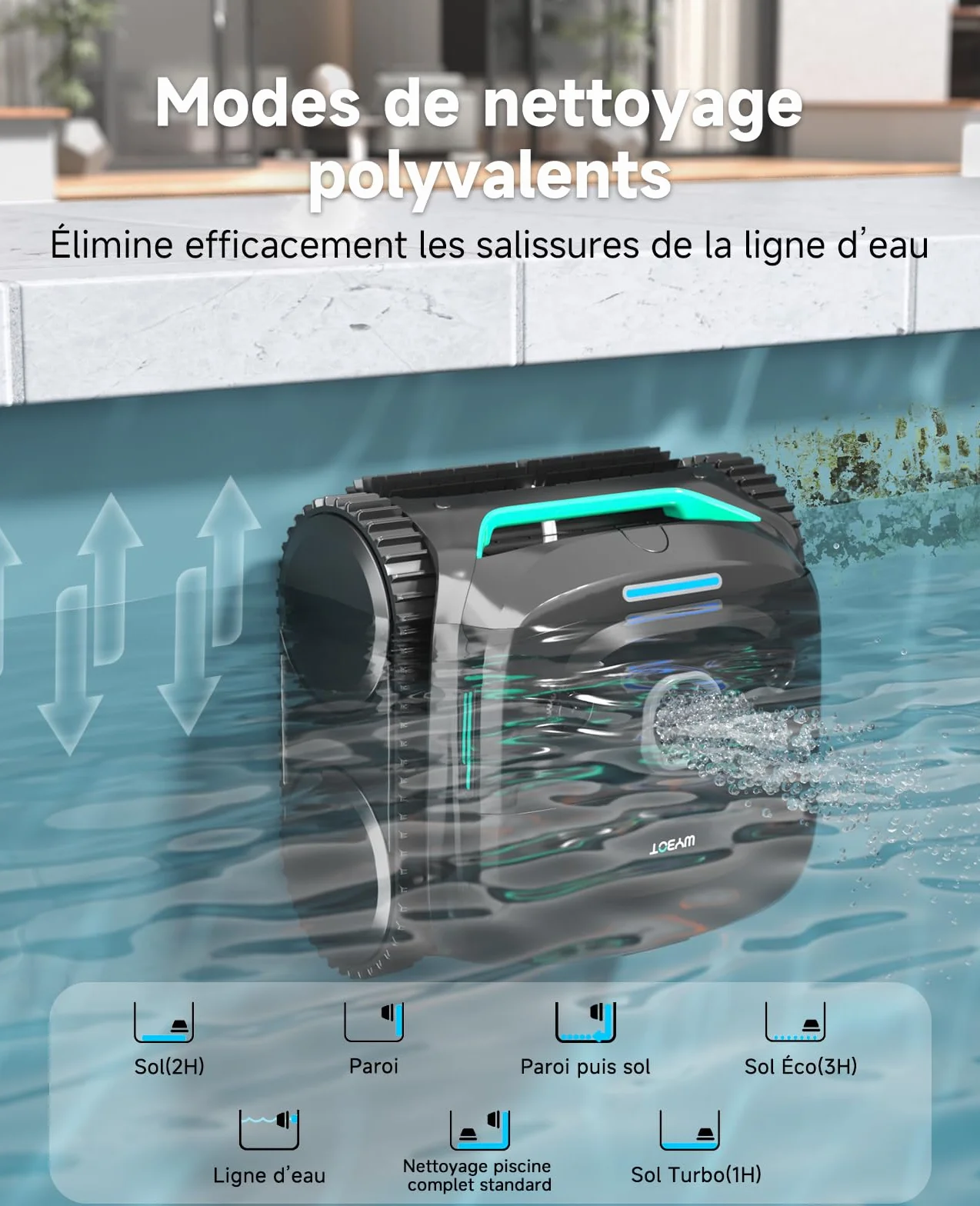 WYBOT C2 Robot Piscine sans Fil, Double Filtration, 3 Moteurs, Aspiration Puissante, 180 Min, pour Piscines Enterrées 150㎡