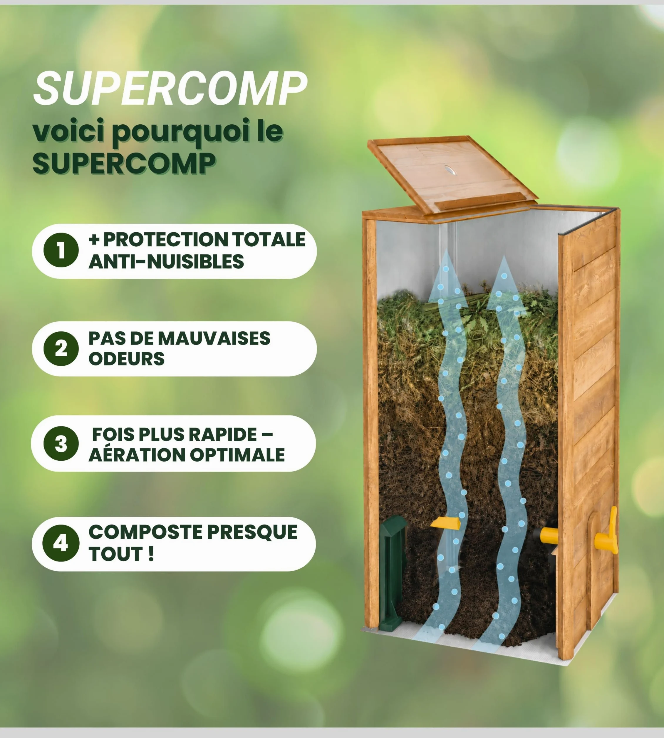Bac à Compost en Bois 340 L – sans Odeurs, sans Brassage, Aération Verticale, Protection Anti-Nuisibles, avec Plaque de Fond