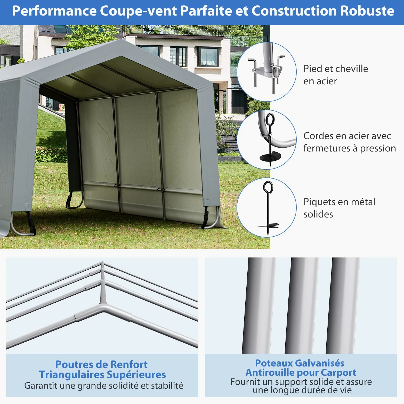 COSTWAY Tente Garage Carport Portable en Acier 290 x 490 cm, Abri Voiture Étanche Grand Auvent avec Portes, Poutres Triangulaires, Toutes Saisons pour SUV, Bateau, Cargaison