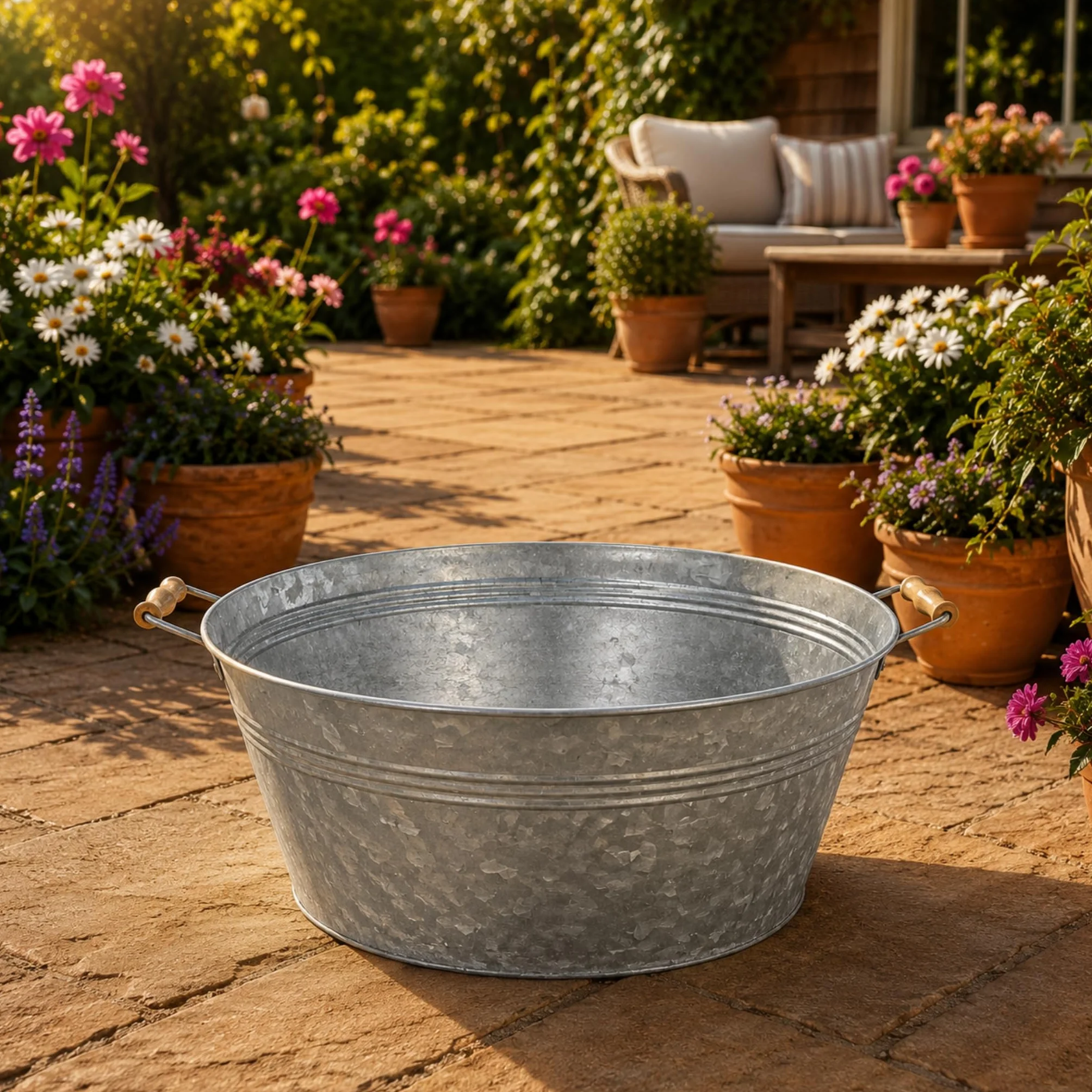 Grande cuvette en zinc avec poignées en bois 50 x 25 cm - Pot de fleurs résistant aux intempéries pour l'extérieur