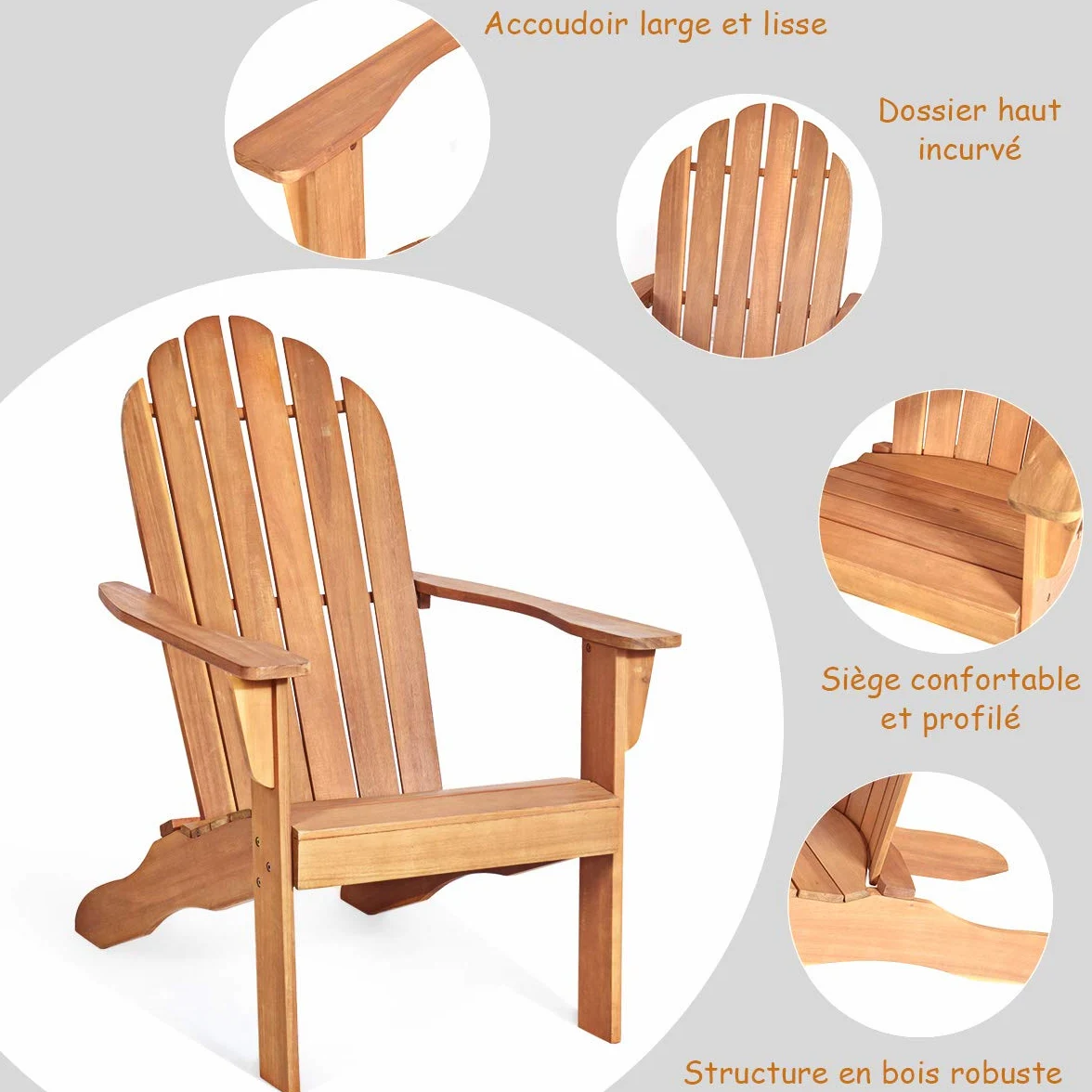 COSTWAY Chaise de Jardin Extérieur Adirondack en Bois Résistant aux Intempéries avec Dossier Incurvé Charge Max. 170KG pour Jardin/Patio/Pelouse et Terrasse