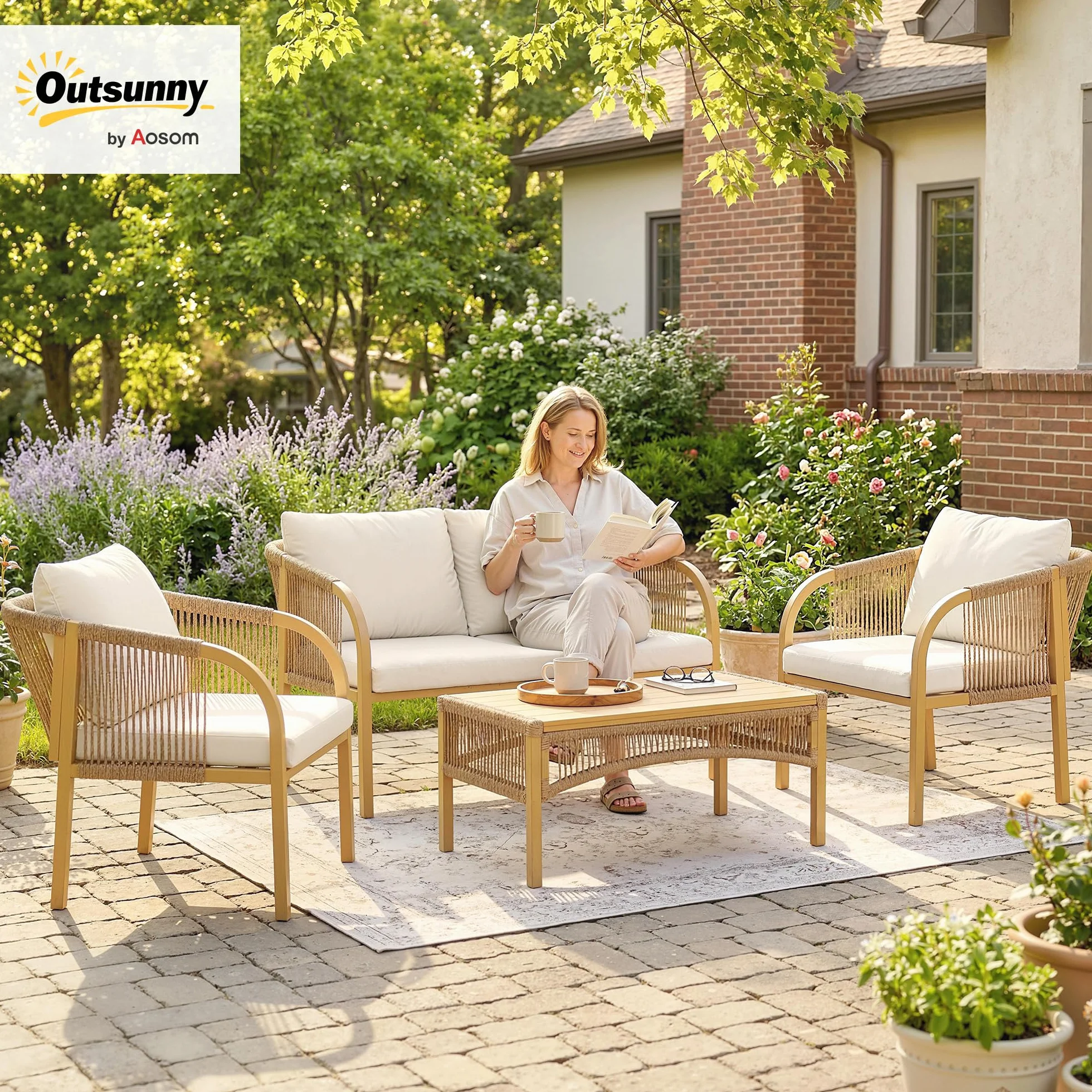 Outsunny Salon de Jardin Extérieur Résine Tressée 4 Pièces Canapé 2 Places Fauteuils Table Basse Coussins Déhoussables Plateau Acier Kaki