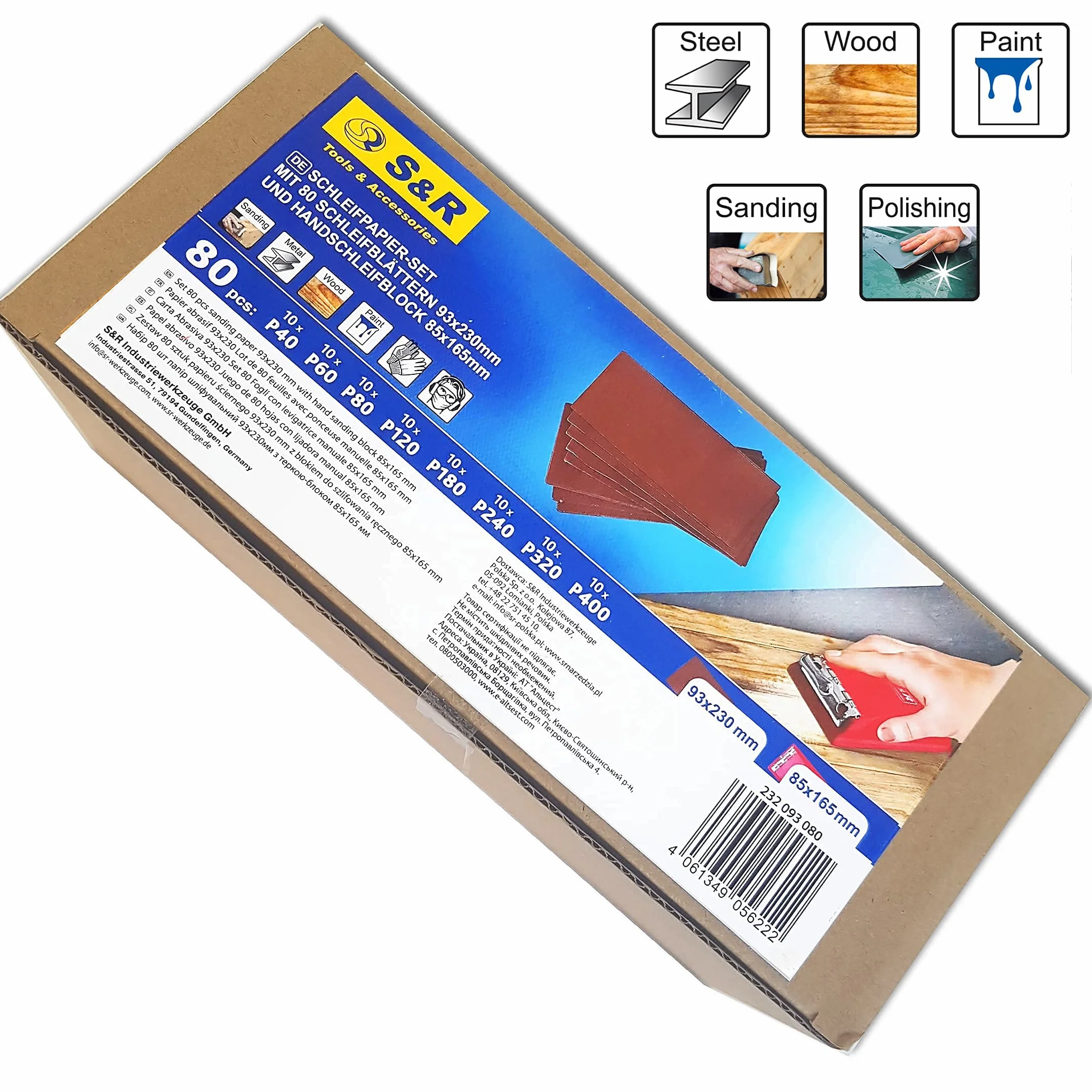 S&R Papier à Poncer 80 Papier de Verre Ponceuse Bloc de Ponçage 10 Feuilles Abrasives 93 x 230 mm
