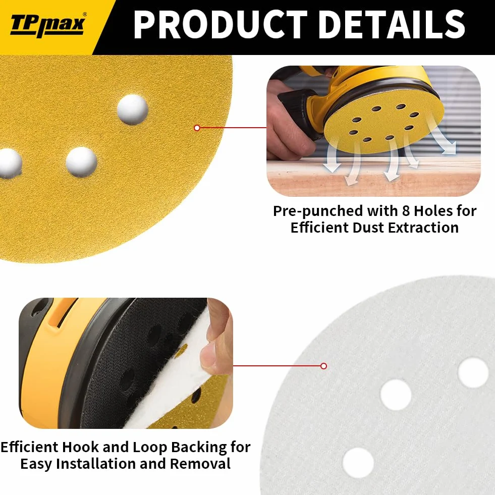 Disques Abrasifs Auto-agrippants 125mm 8 Trous 100 Pièces Grain 80 pour Ponceuse Orbitales