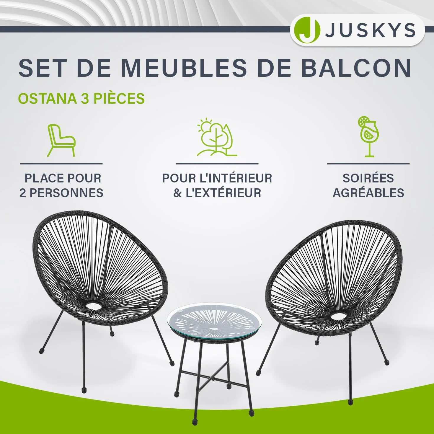 Juskys Ensemble de Meubles de Balcon Ostana en 3 Parties - Table et 2 fauteuils - Groupe de sièges élégant pour Balcon, terrasse et Jardin - Ensemble de Meubles de Jardin pour Balcon Noir