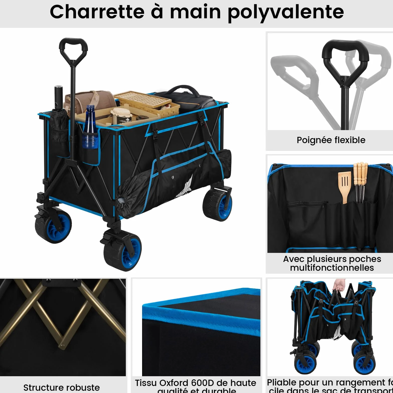 WOLTU Chariot de Jardin Pliable 120kg Tissu Oxford Acier Noir Bleu