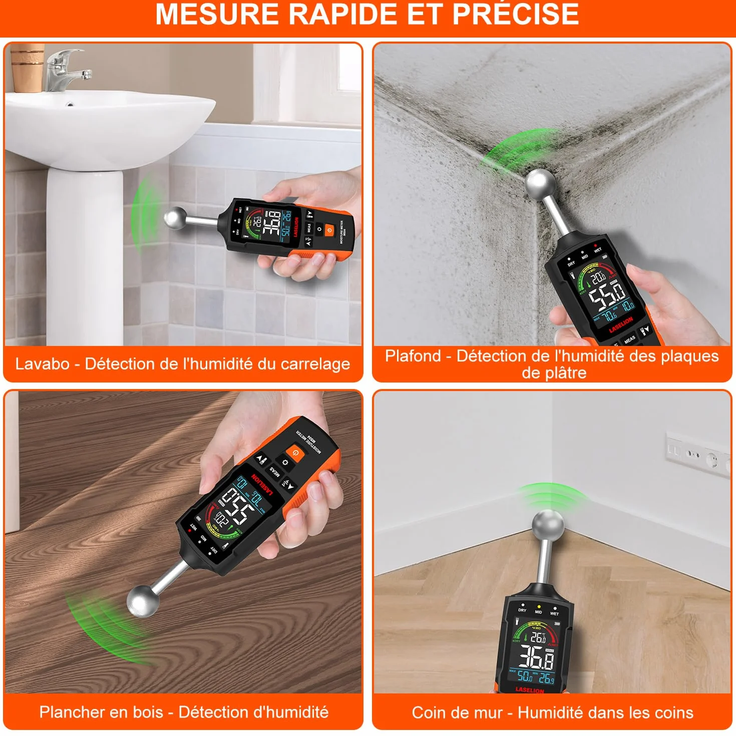 Testeur Humidité Mural MS04 Capteur Sphérique Mesures Non Destructeur Bois Murs Matériaux Construction Alarmes Personnalisables Affichage Température