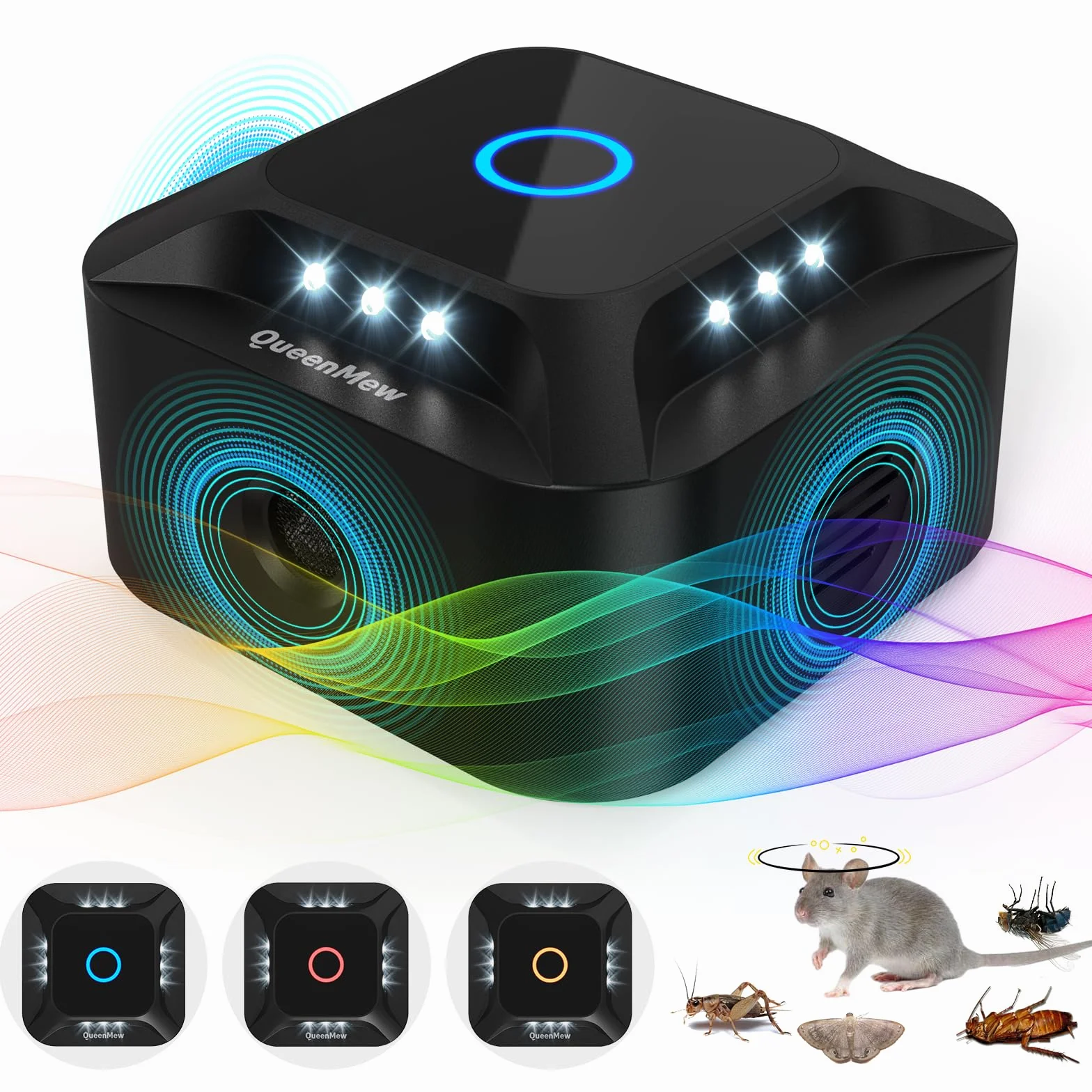 Ultrasons Souris et Rats 360°, 3 Modes Anti Souris Répulsif Souris Brancher avec 12 Lumières Stroboscopiques, 300 M² Large Portée Ultrasons Anti Rongeurs pour Souris Rat Araignée Moth Fourmi