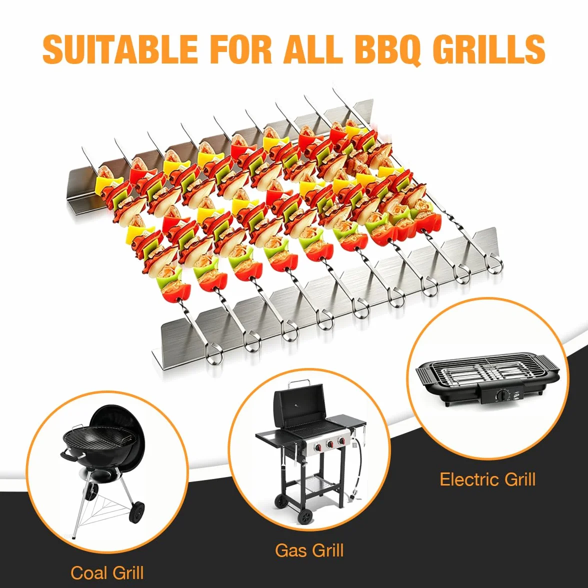 Set de 30 Brochettes Barbecue en Acier Inoxydable 40cm avec 2 Supports de Cuisson à 9 Encoches, Pique à Brochette Plate pour Grillade Jardin, Accessoire Barbecue Inox Lavable au Lave-Vaisselle