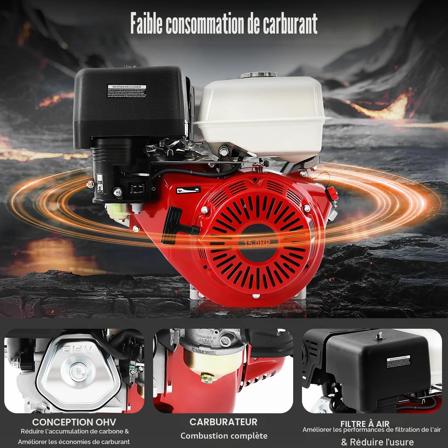 Moteur à essence 4 temps 15 CV 420 cc - Moteur sur pied - Moteur de kart - Moteur industriel - Monocylindre refroidi par air 9,7 kW - 3600 tr/min - Pour karts, pompes à eau, pelleteuses et