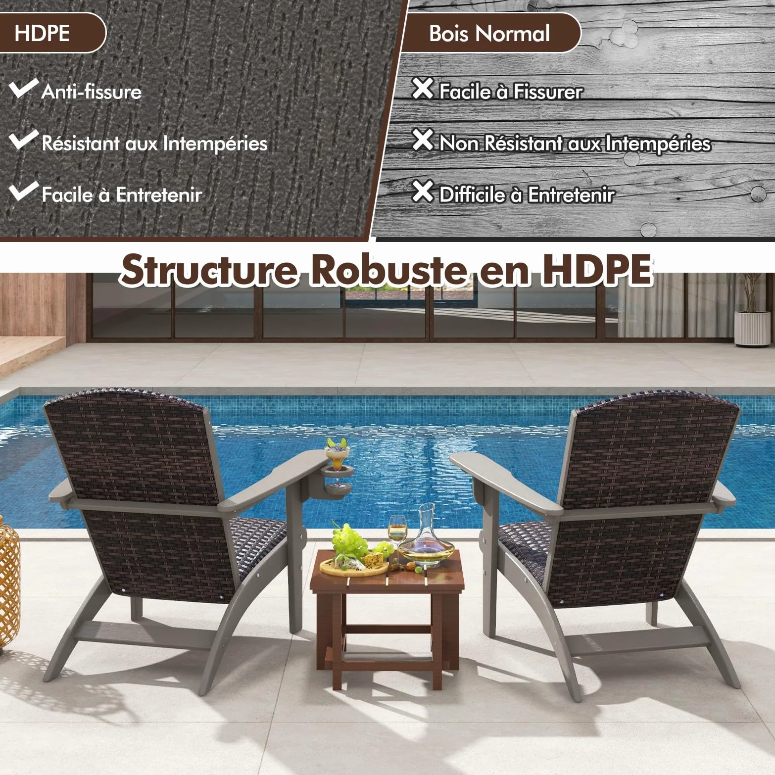COSTWAY Fauteuil Jardin Exterieur, Chaise Adirondack en HDPE, Porte-Gobelet Rotatif, Siège et Dossier Rembourrés en Rotin, Chaise Longue pour Jardin Porche, 92 x 76 x 100 cm, Charge 150 kg (Gris)