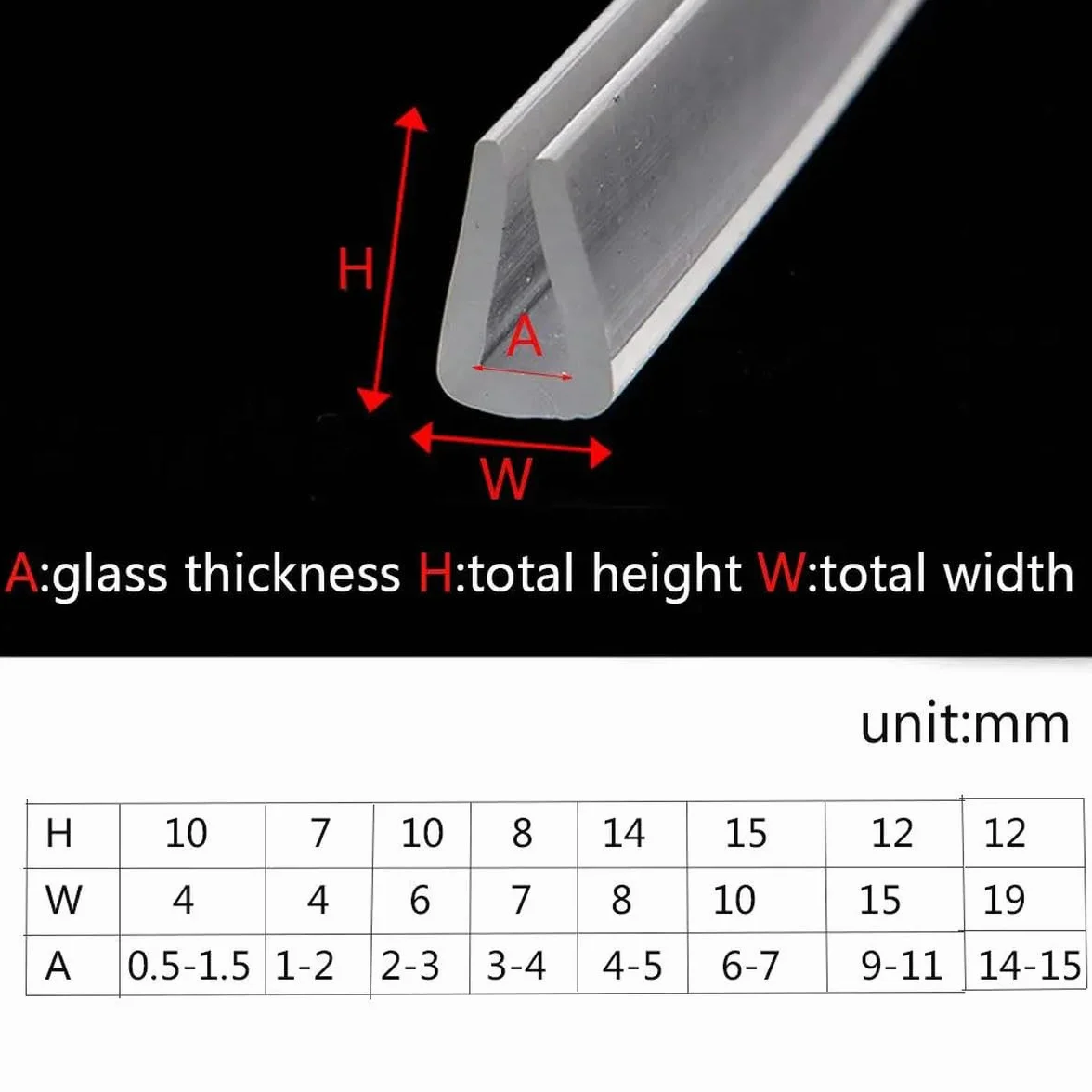 Bande d'étanchéité en caoutchouc Transparent 2 mètres, canal en U, coupe-froid 10x6mm pour porte de douche en verre