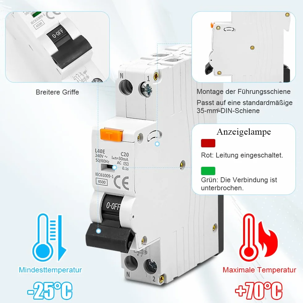 Disjoncteur Fi RCBO Différentiel 30mA Type A 1P+N 16A 6000A 240V