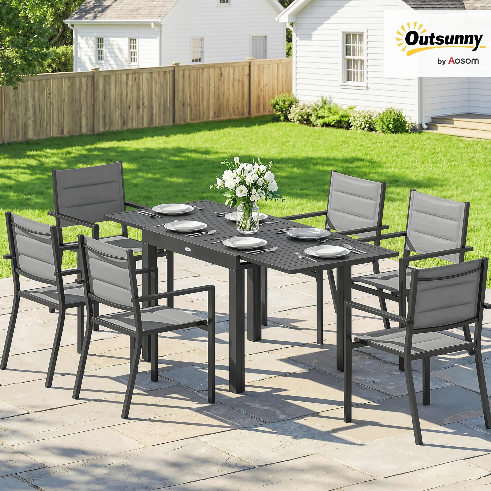 Outsunny Salon de Jardin 7 Pièces Table Extensible Aluminium - Ensemble Mobilier de Jardin avec 6 Chaises Empilables Textilène Rembourré - Meuble pour Terrasse Extérieur et Repas de Famille, Gris