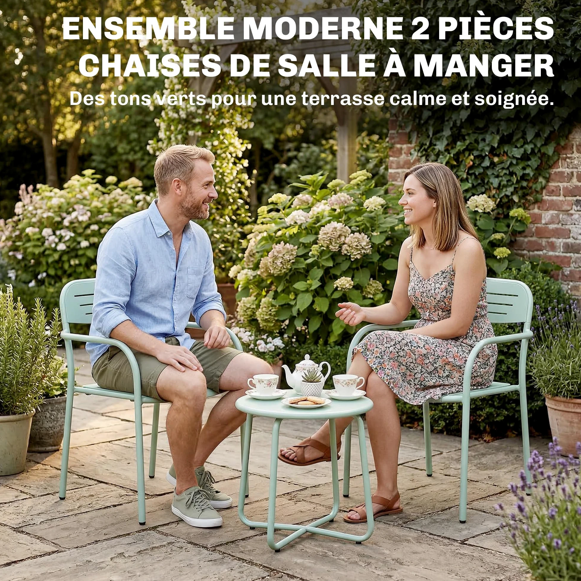 Outsunny Lot de 2 Chaises de Jardin Métal Antirouille - Fauteuil Salon Extérieur Empilable Résistant aux Intempéries avec Accoudoirs - Meuble pour Aménagement Balcon Terrasse et Bistro, Vert