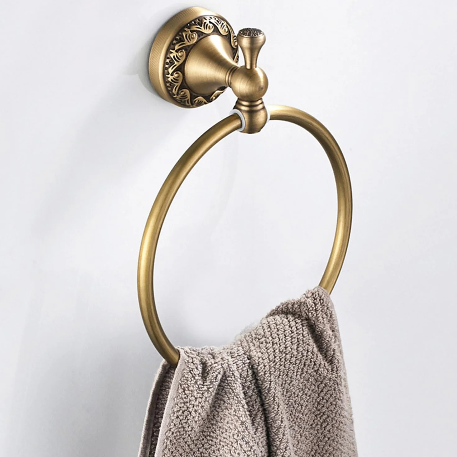 Porte Serviette Rond Laiton Antique avec Motif Exquis Carving Mural Salle de Bain, Bronze Brossé