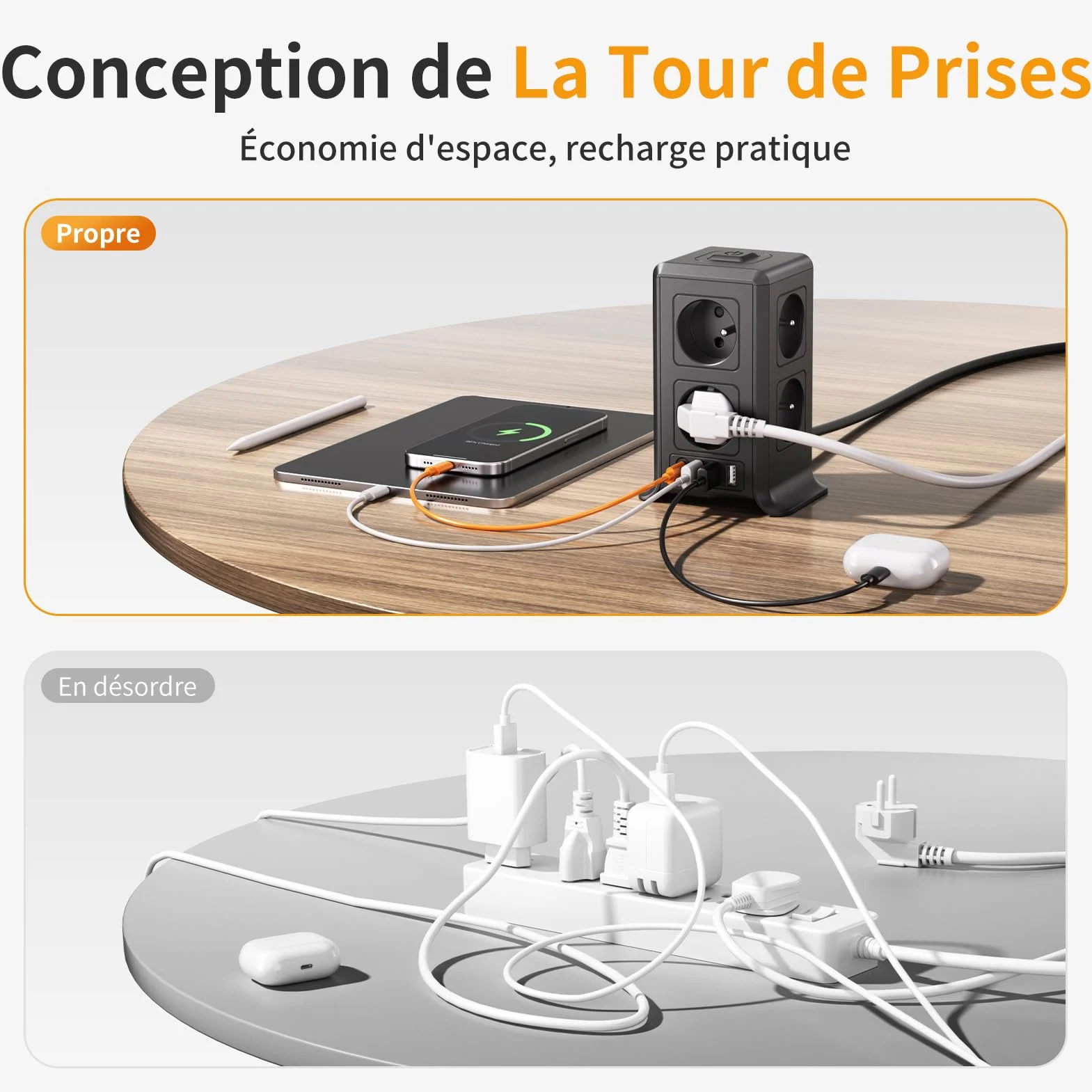 Multiprise 12 en 1 8 Prises 4 USB USB C Rallonge 2M 3680W Noir