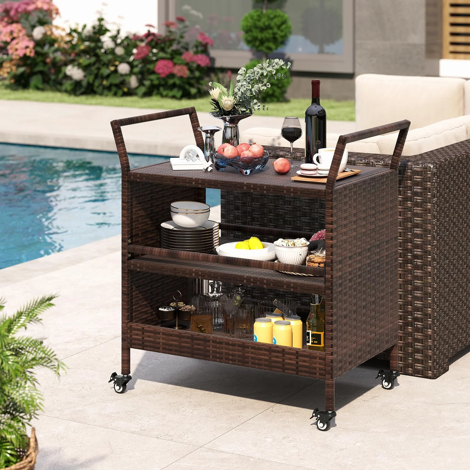 COSTWAY Chariot de Bar Extérieur, Chariot à roulettes en Rotin 3 Niveaux, Table de Service sur Roues pour Jardin