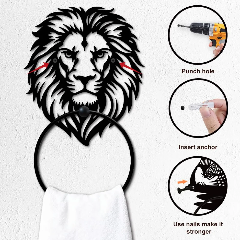 MAYJOYDIY Anneau Porte Serviette en Métal Tête de Lion Noir Motif Animaux Forêt Accessoires Salle de Bain