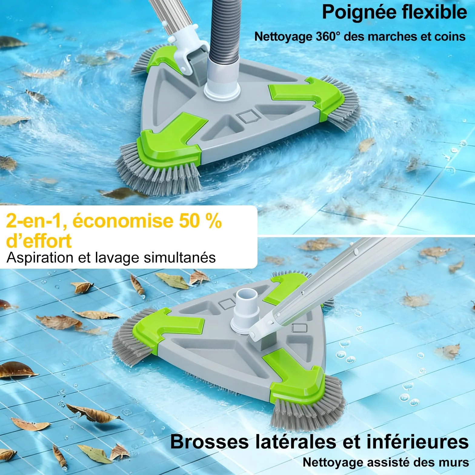 Brosse Piscine Triangle 35cm Raccord Aspiration 32/38mm pour Piscine Hors Sol & Enterrée