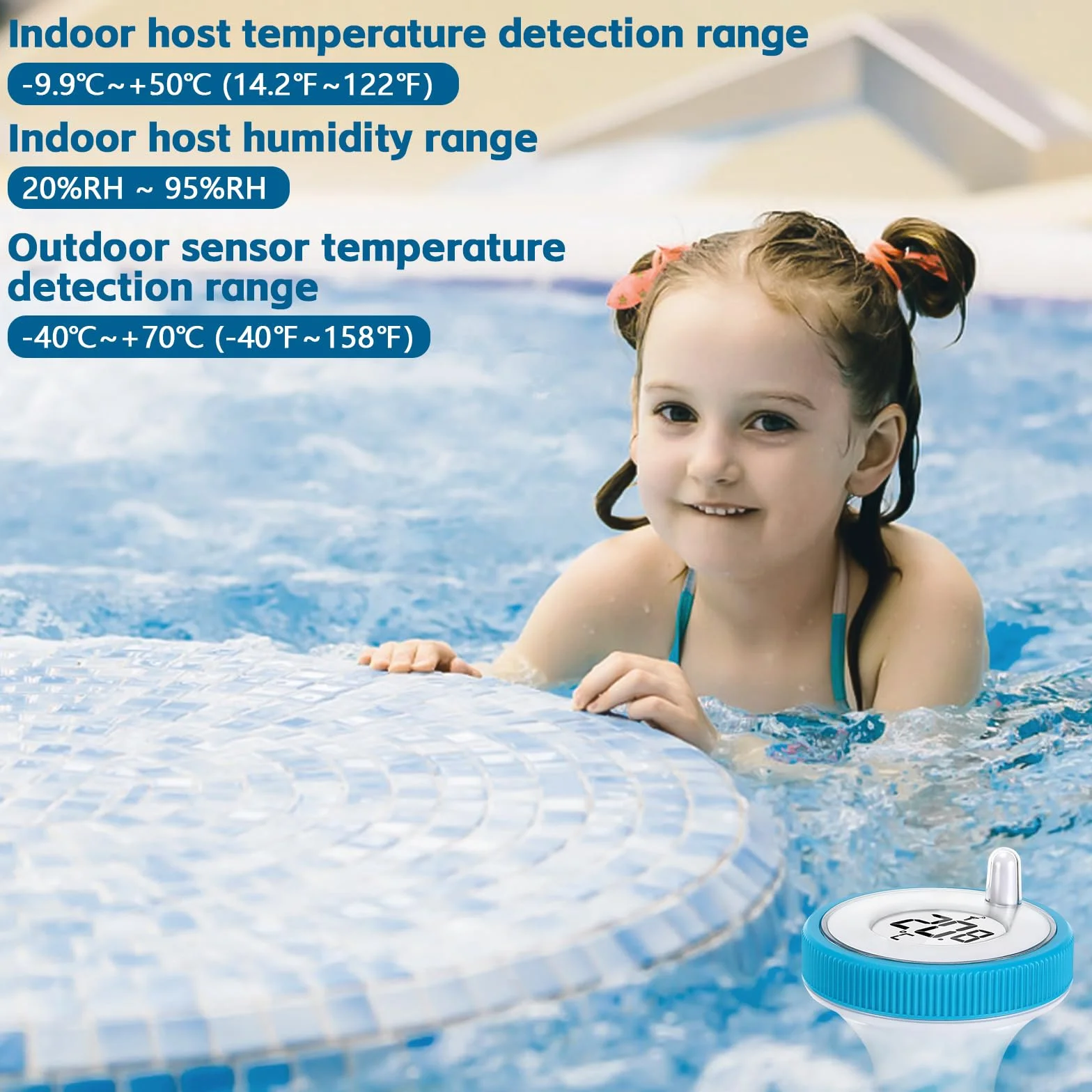 Thermomètre de Piscine Connecté Sans Fil IP67 Flotter Bleu