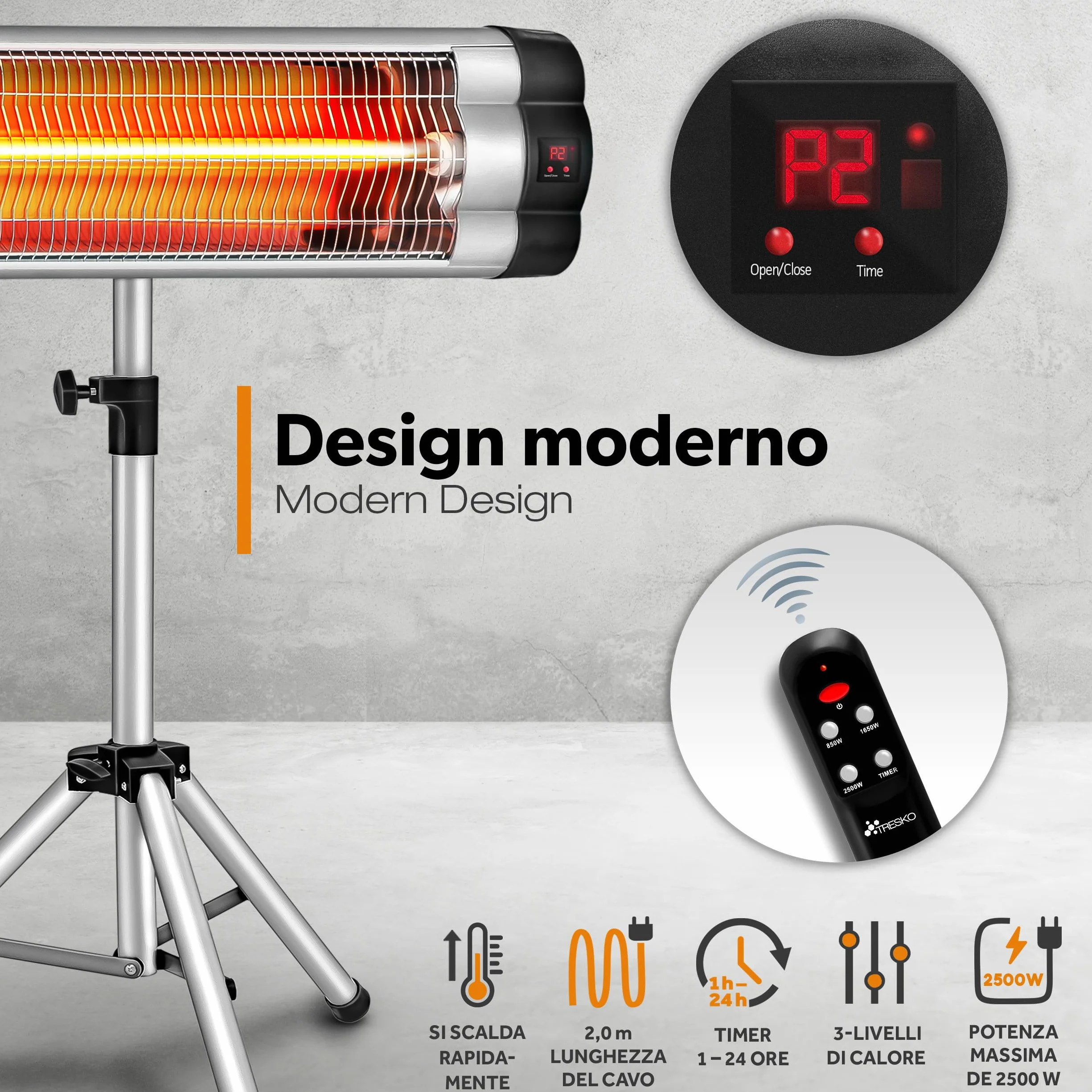TRESKO Chauffage extérieur Infrarouge 2500W Radiateur Rayonnant Électrique Terrasse