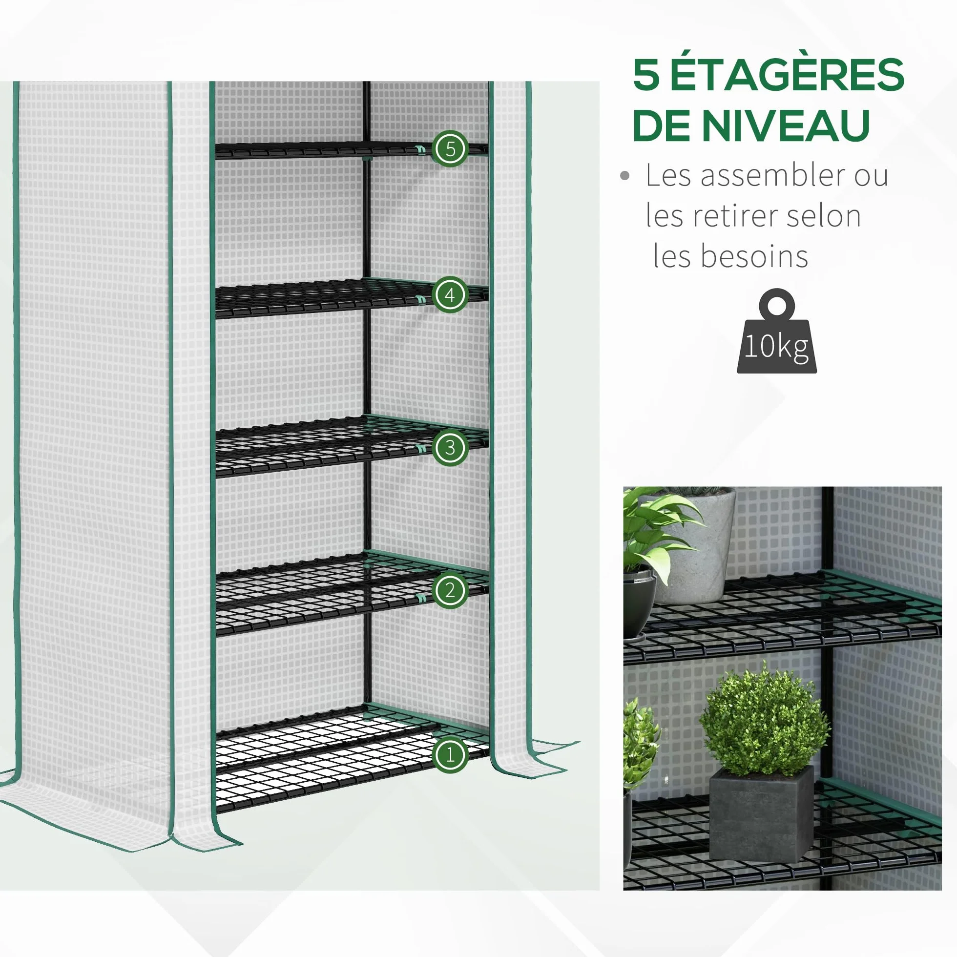 Outsunny Serre de Jardin 5 Niveaux, Balcon, Acier, Porte zippée Enroulable, 90x49x193cm, Blanc