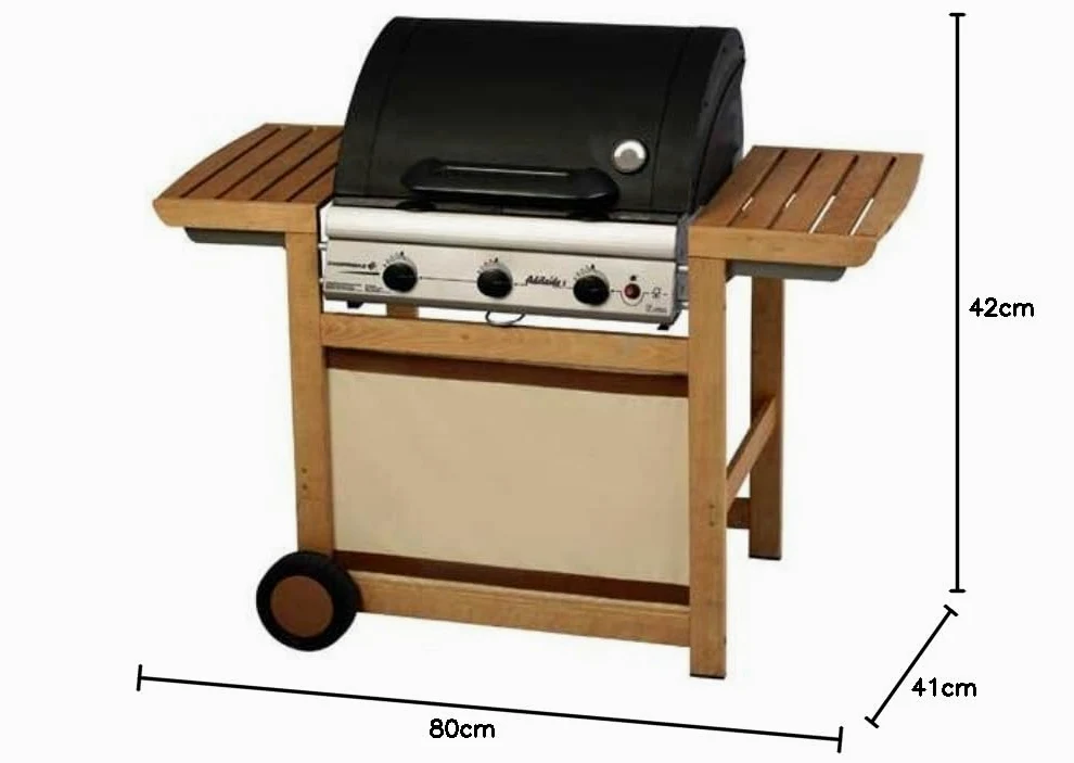 Campingaz Barbecue Gaz Adelaide 3 Woody L, 3 Brûleurs BBQ Gaz, Puissance 14kW, Grille et Plancha en Acier, 2 Tablettes Latérales