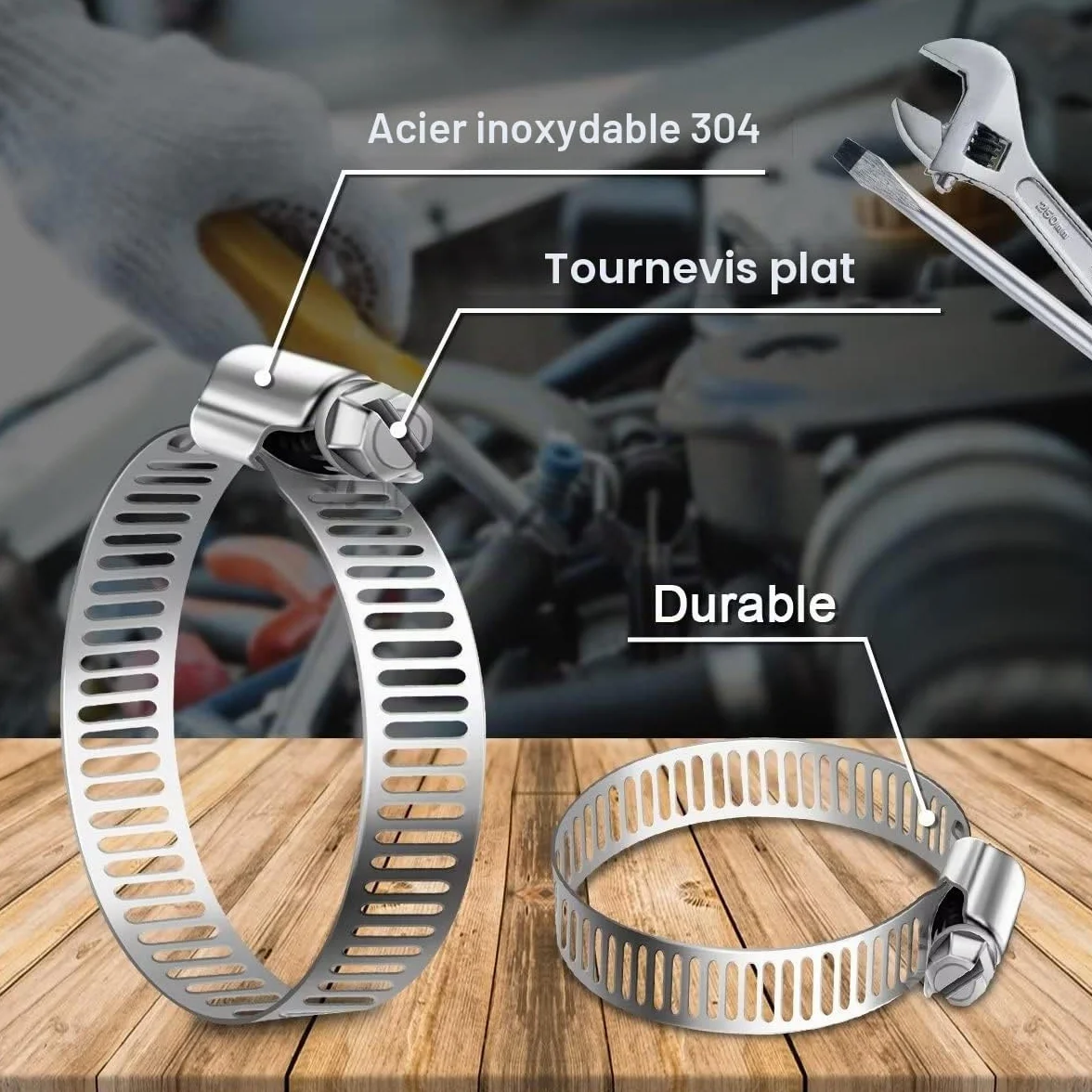 Leryati 304 Collier de Serrage Inox Set 6-51mm, Collier Serrage Métallique Réglable pour Piscine Machine à Laver Jardin