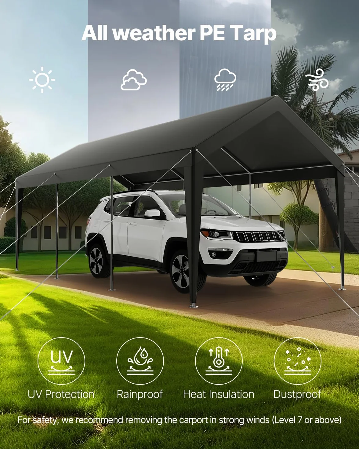 VEVOR Carport, 3,05 x 6,09 m, Abri de Voiture Robuste avec Cadre en Acier, Abri de Garage Extérieur, Résistant aux UV et à l'eau, Protection Toutes Saisons, Auvent pour Voitures, Bateaux, Moto, Gris