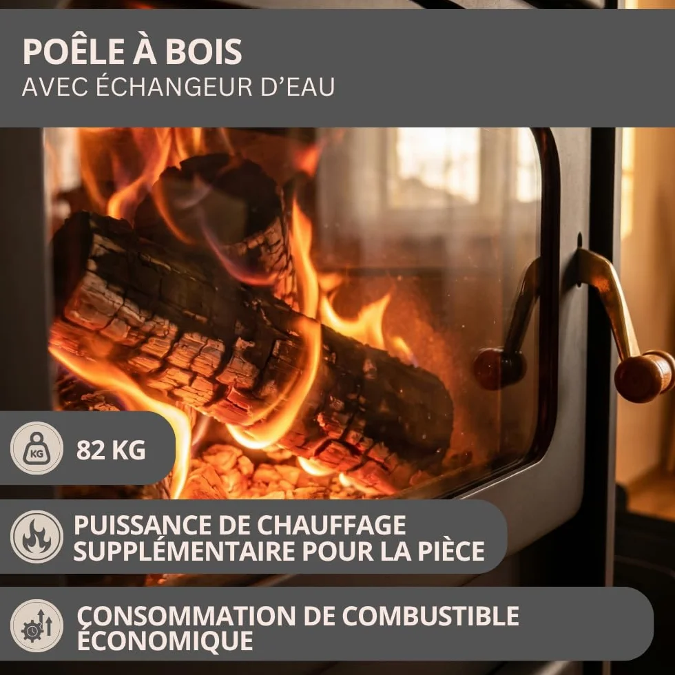 Prity S1 W10 Poêle à bois avec gaine d'eau 10 kW Chauffage central Certifié CE