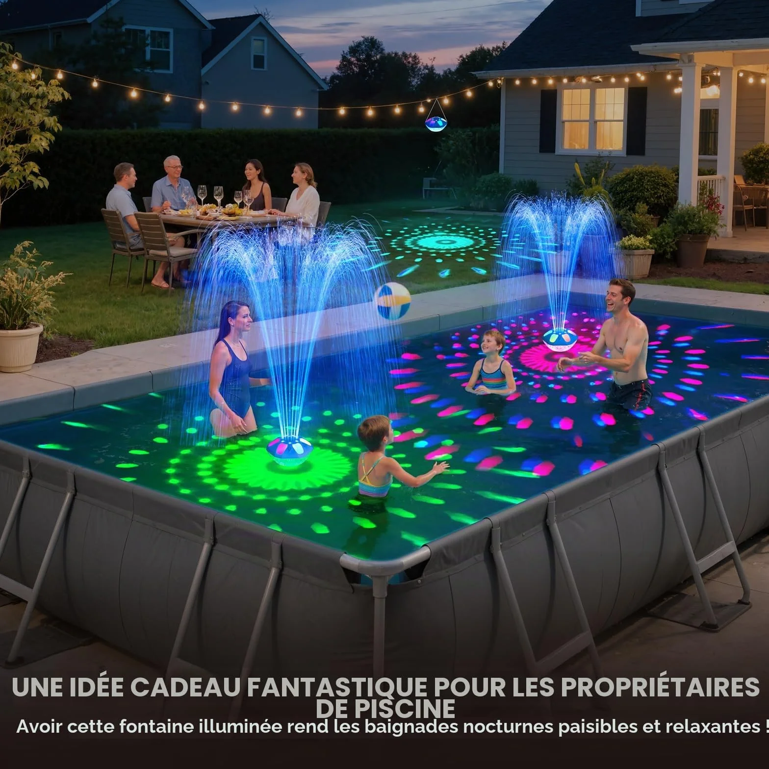 KingSom Fontaine Piscine LED Rechargeable 2 Modes Jet 12 Modes Éclairage Flottante Hors Sol