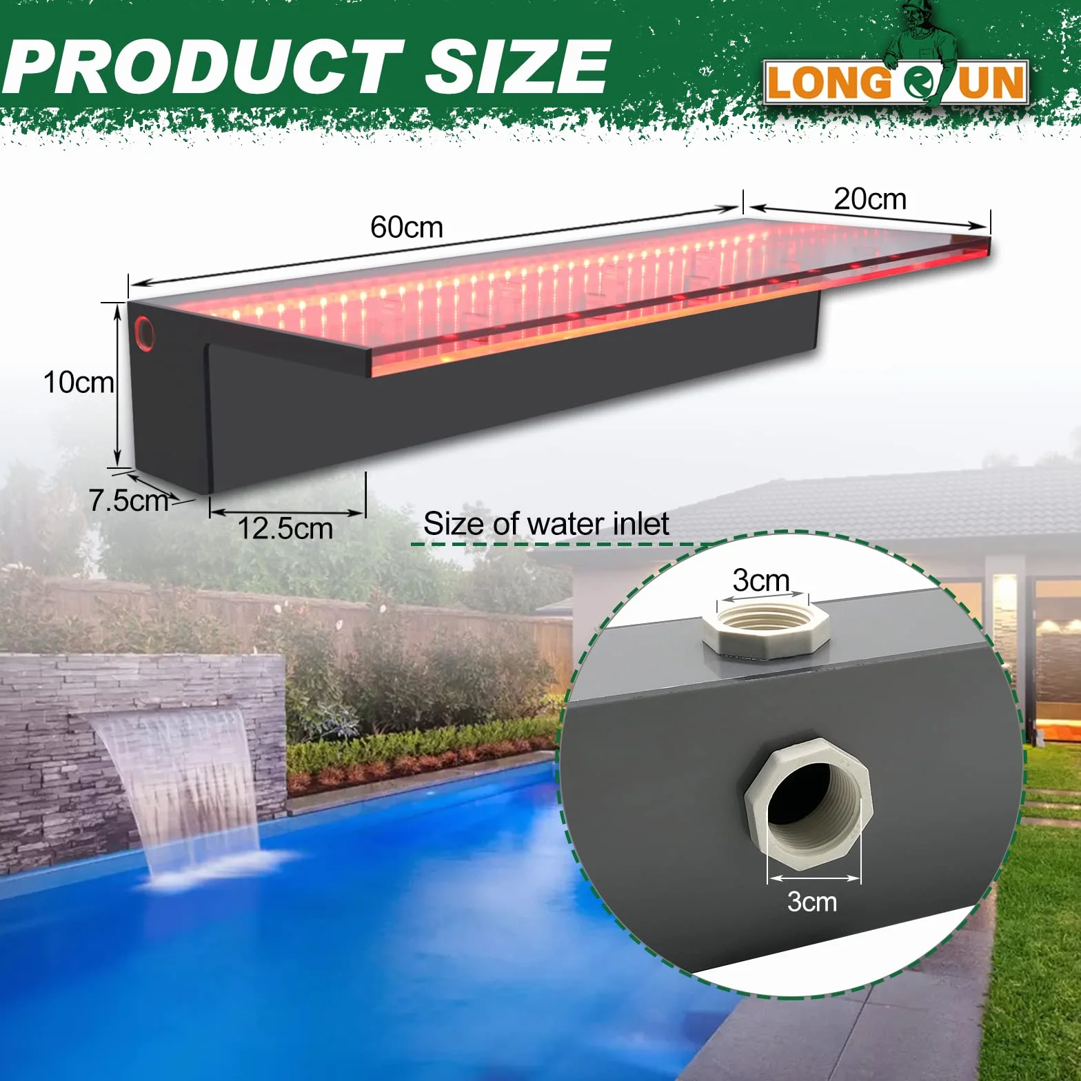 LONGRUN Bluetooth Acryl Pool Fountain 60cm Pond Waterfall Cascade 7 Colors LED Light Waterfall Stream Kits Outdoor