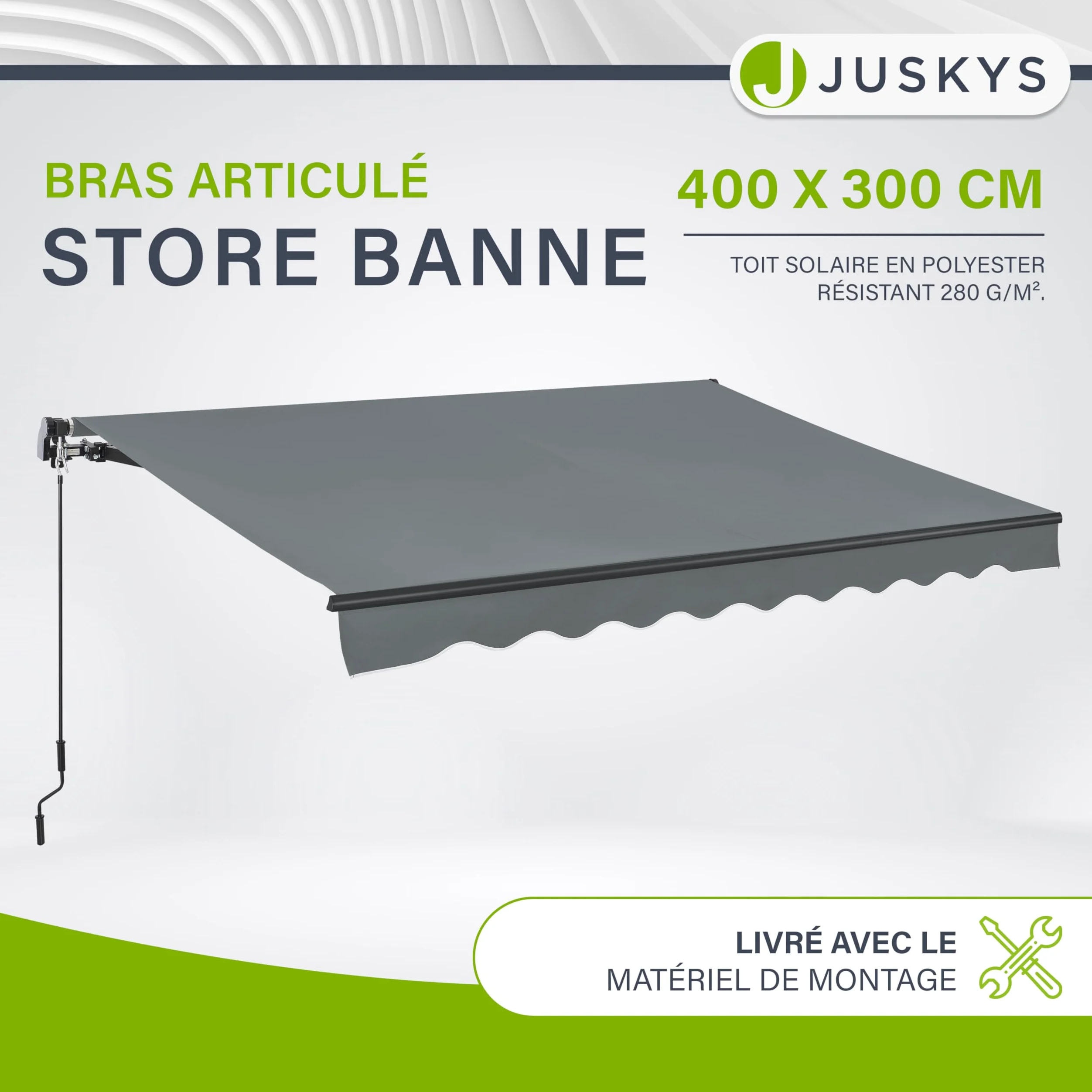 Juskys Store Banne à Bras Articulés 400x300 cm, UV40+, Déperlant, avec Manivelle, Longueur & Inclinaison Réglables, Terrasse, Balcon - Gris