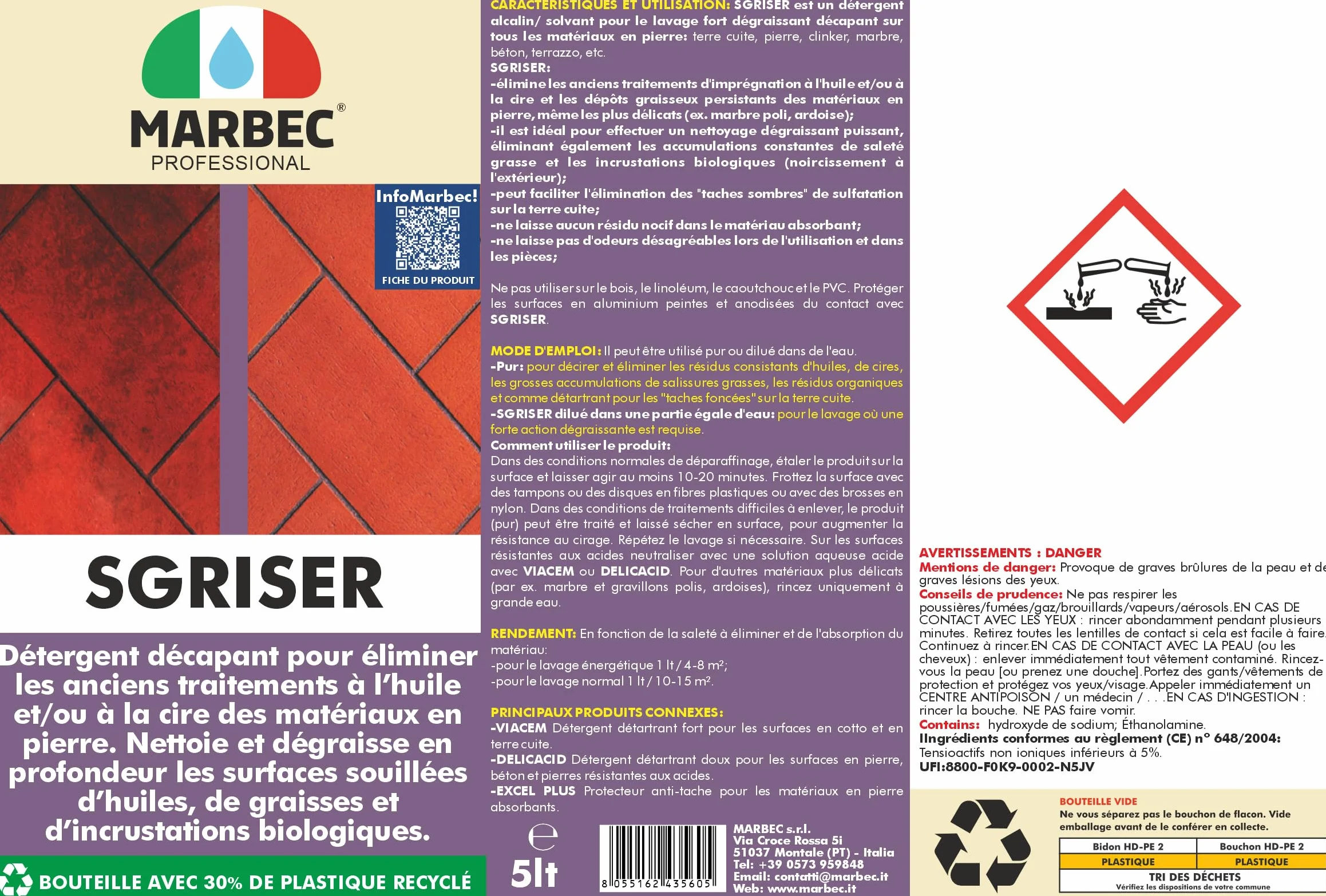 MARBEC SGRISER 5LT Détergent décapant fort pour pierre
