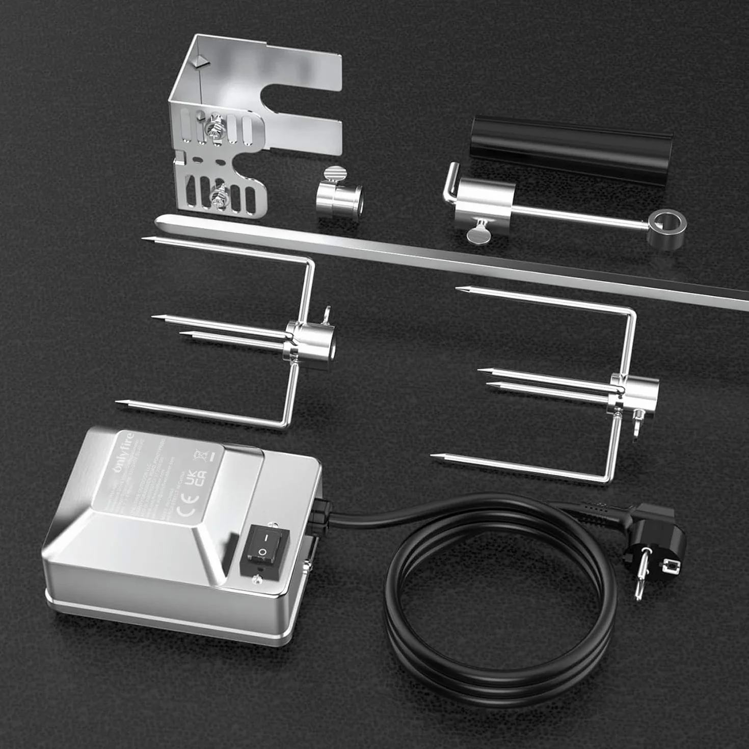 onlyfire Universelles Barbecue Rôtisserie Set 90 cm Carré 8x8mm Tournebroche + 2 x Brochettes Aiguilles et Moteur en Acier Inoxydable, Tourne Broche Electrique, 220 V - 240 V