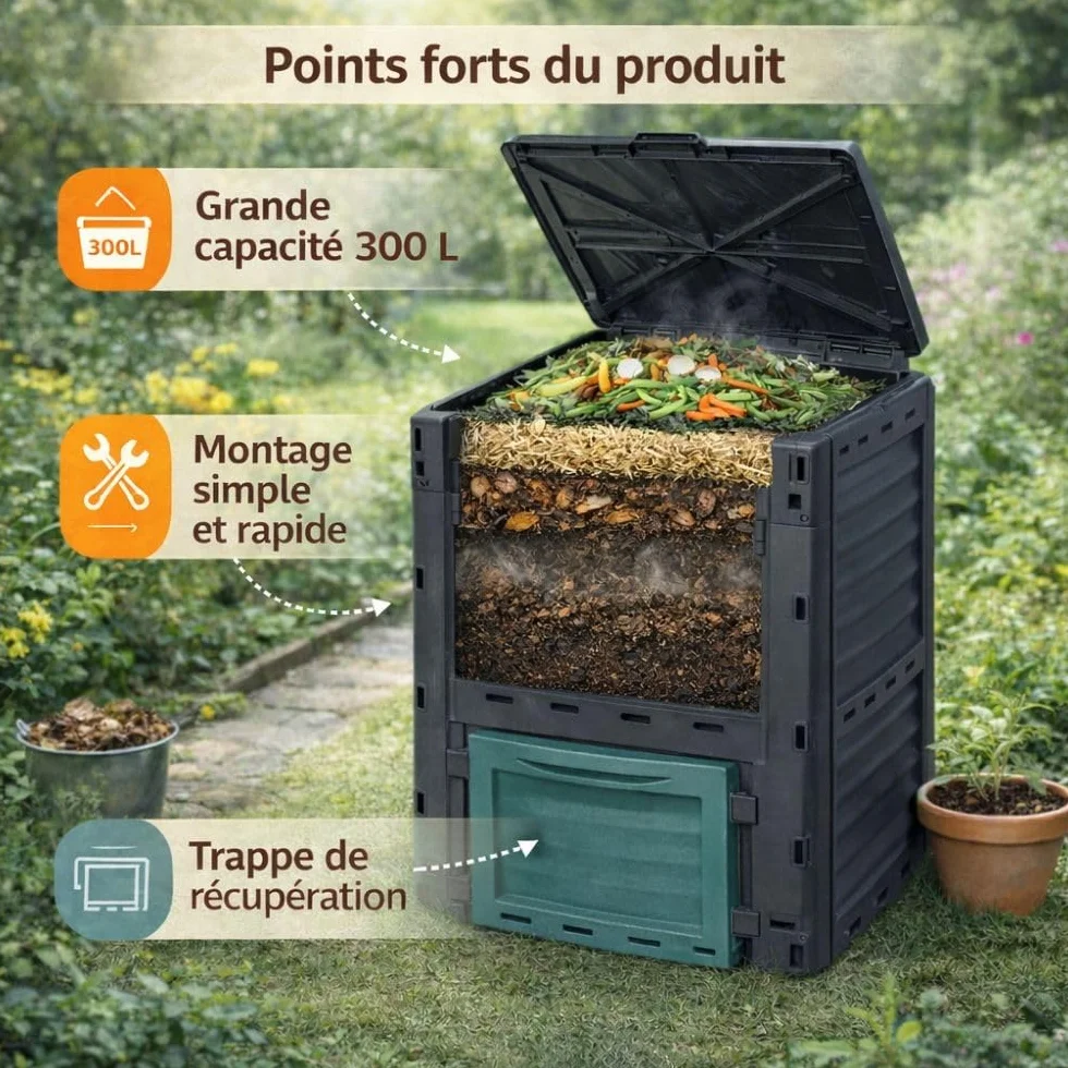 Composteur de Jardin 300 L Bac à Compost 83 x 61 x 61 cm Polypropylène